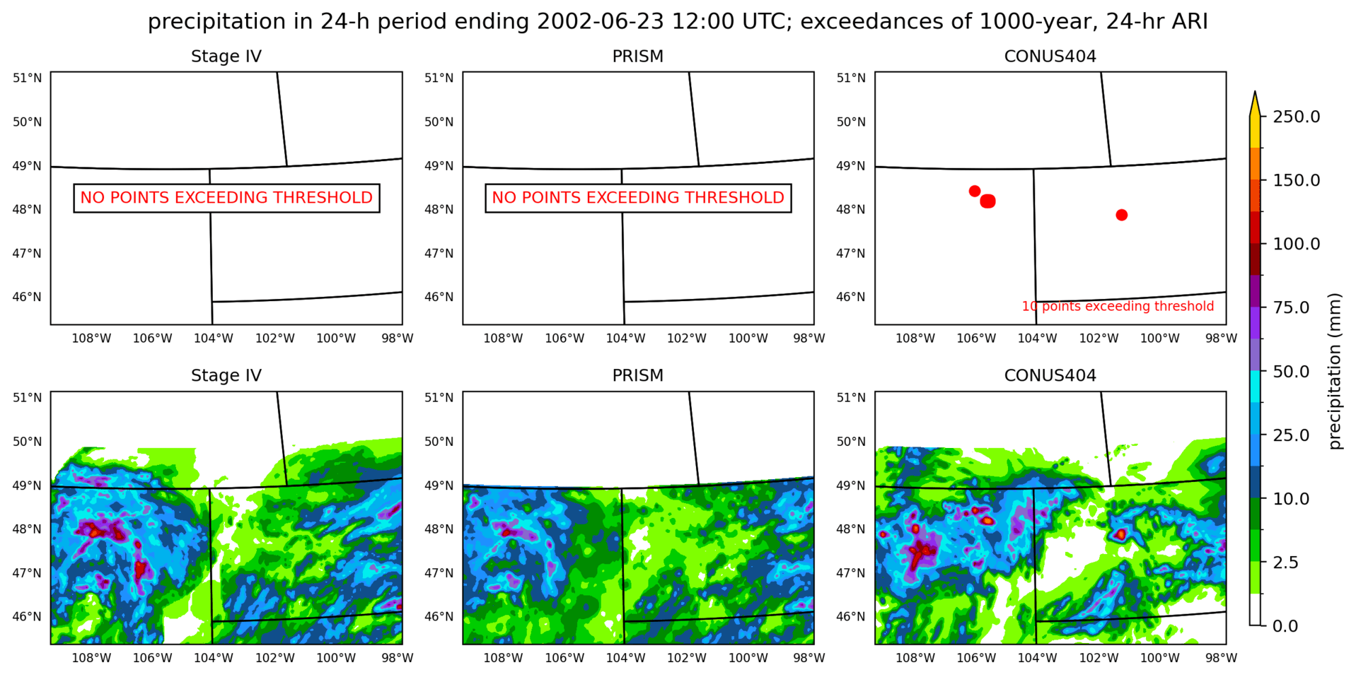 on the left is a map showing locations where rainfall exceeding an average recurrence interval threshold occurred, and on the right is the corresponding precipitation analysis for that time period