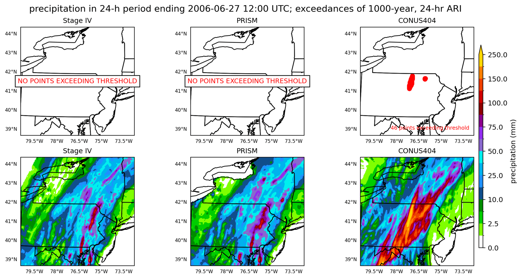 on the left is a map showing locations where rainfall exceeding an average recurrence interval threshold occurred, and on the right is the corresponding precipitation analysis for that time period