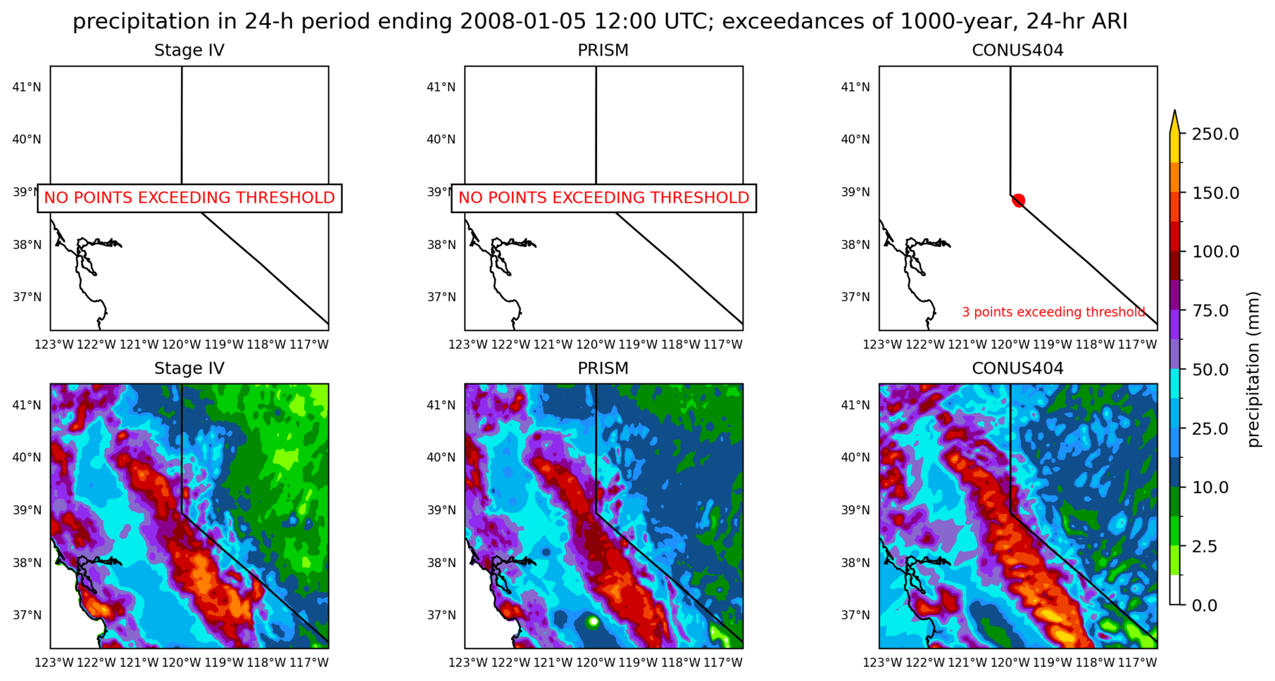 on the left is a map showing locations where rainfall exceeding an average recurrence interval threshold occurred, and on the right is the corresponding precipitation analysis for that time period