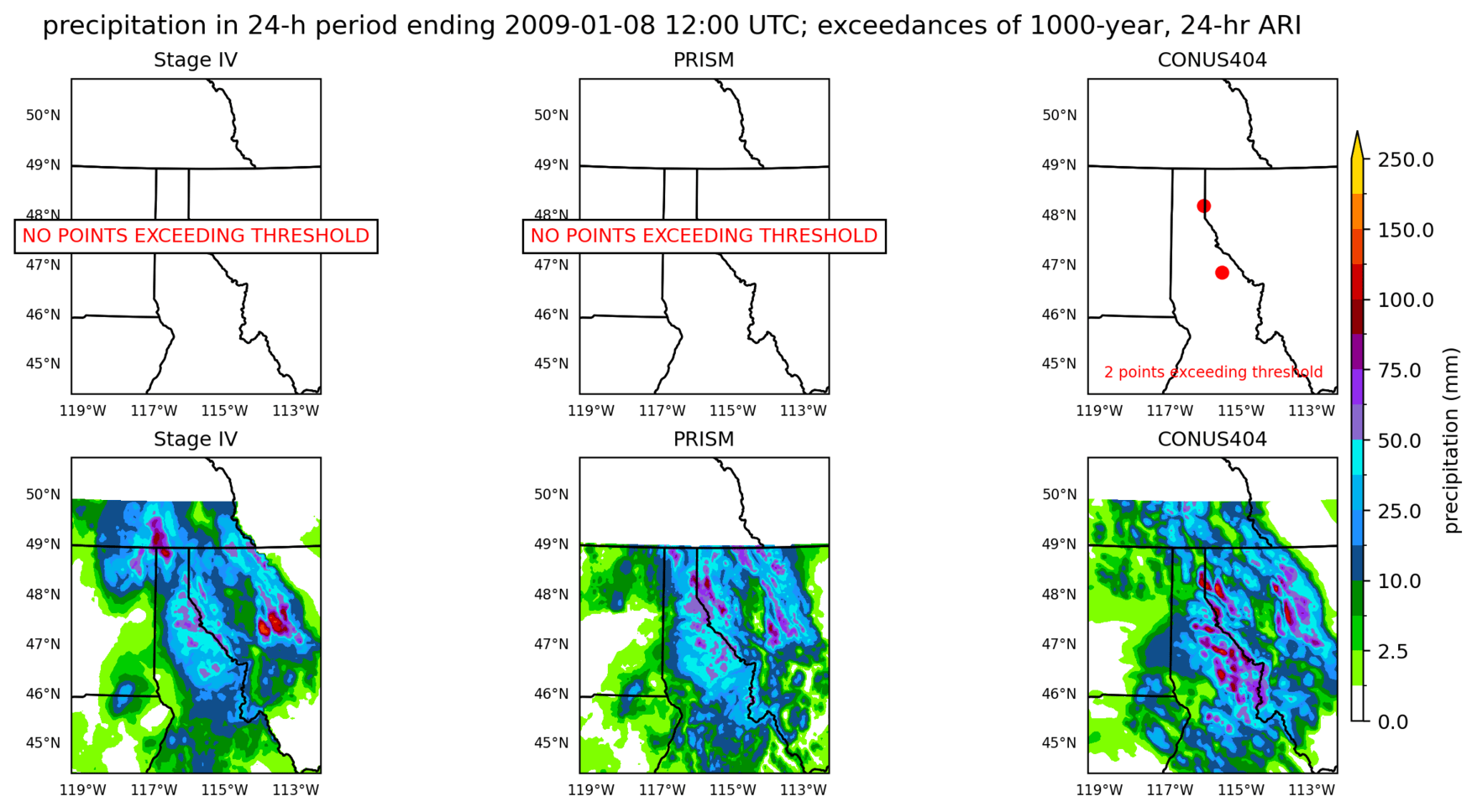 on the left is a map showing locations where rainfall exceeding an average recurrence interval threshold occurred, and on the right is the corresponding precipitation analysis for that time period