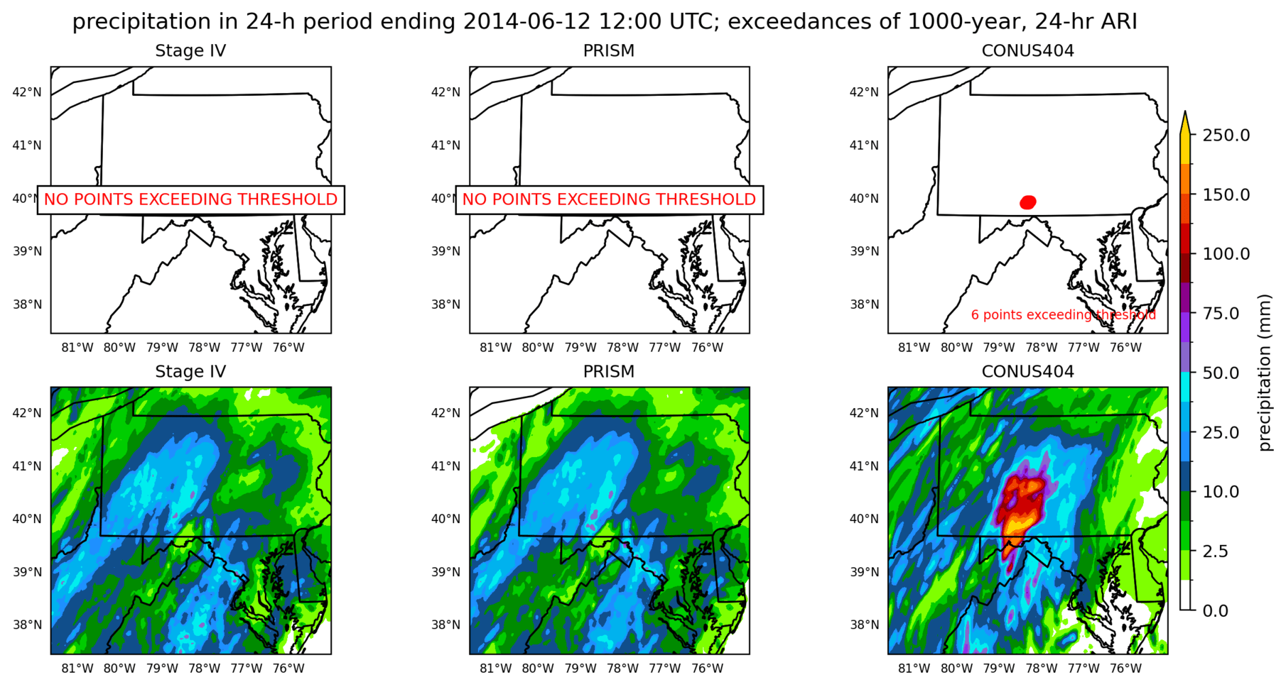 on the left is a map showing locations where rainfall exceeding an average recurrence interval threshold occurred, and on the right is the corresponding precipitation analysis for that time period