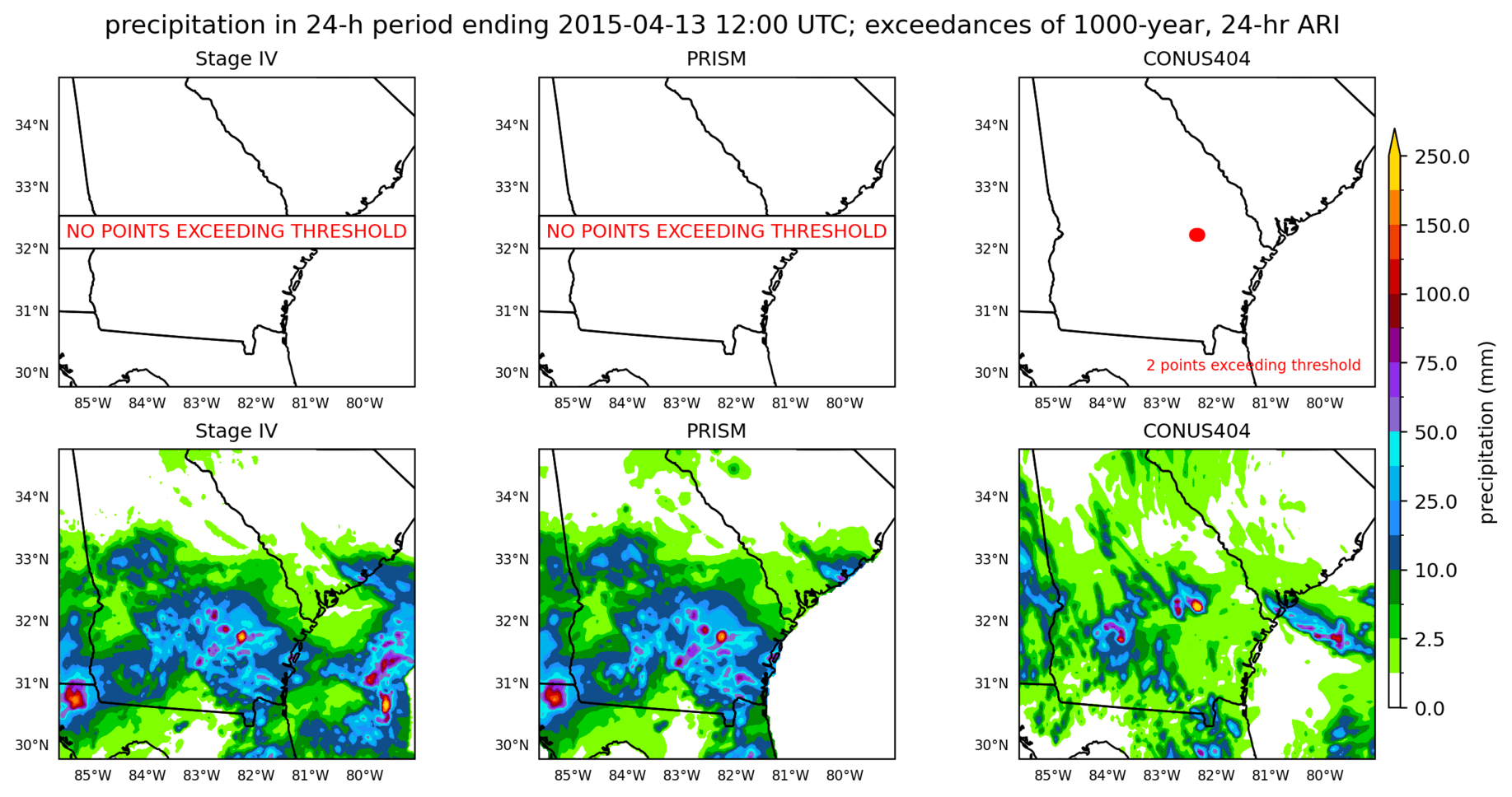 on the left is a map showing locations where rainfall exceeding an average recurrence interval threshold occurred, and on the right is the corresponding precipitation analysis for that time period