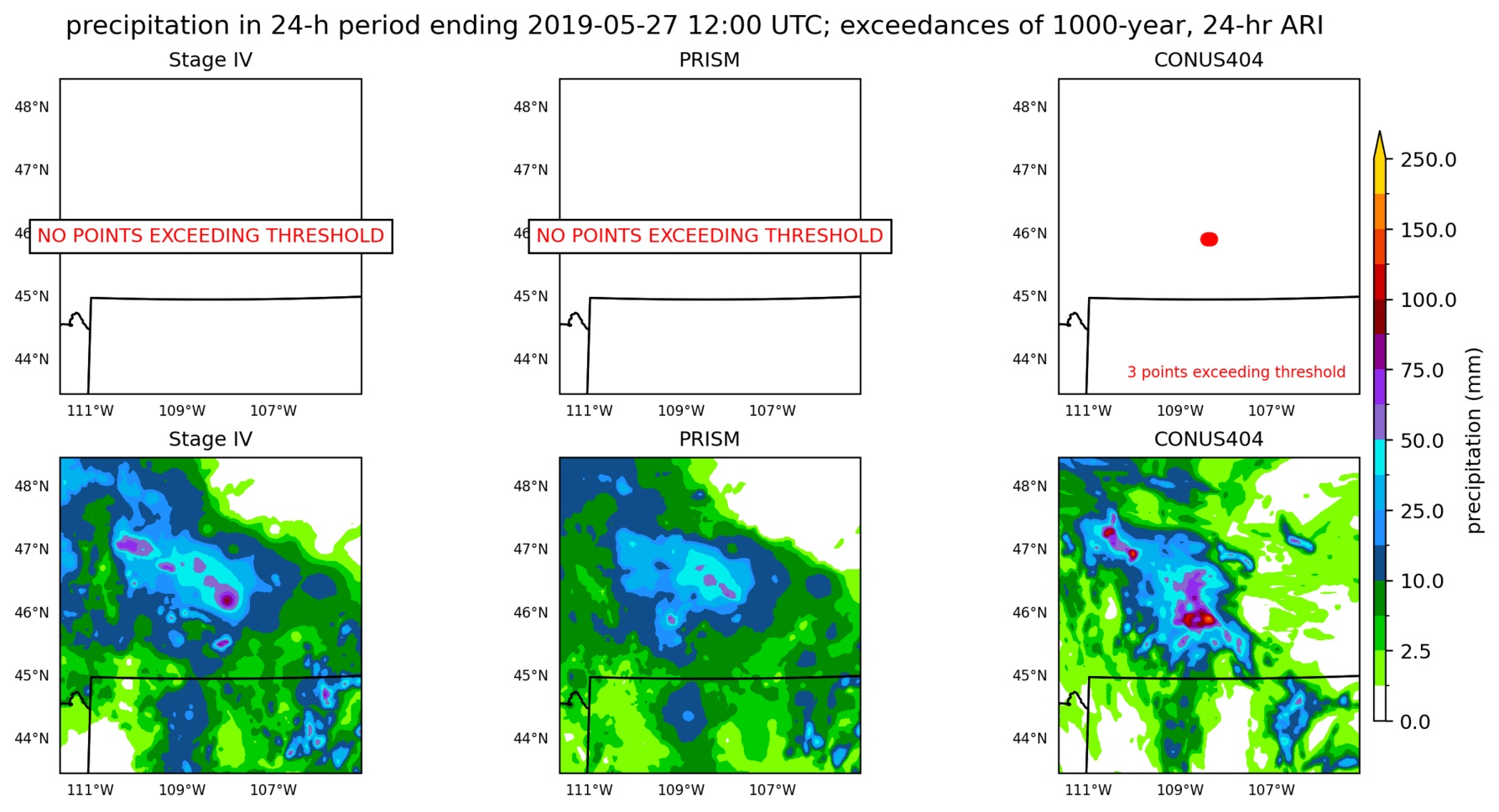 on the left is a map showing locations where rainfall exceeding an average recurrence interval threshold occurred, and on the right is the corresponding precipitation analysis for that time period