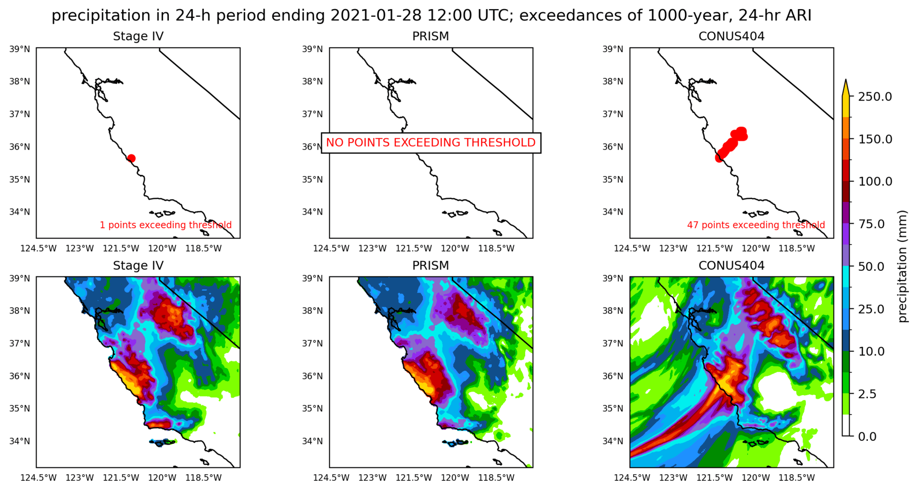 on the left is a map showing locations where rainfall exceeding an average recurrence interval threshold occurred, and on the right is the corresponding precipitation analysis for that time period