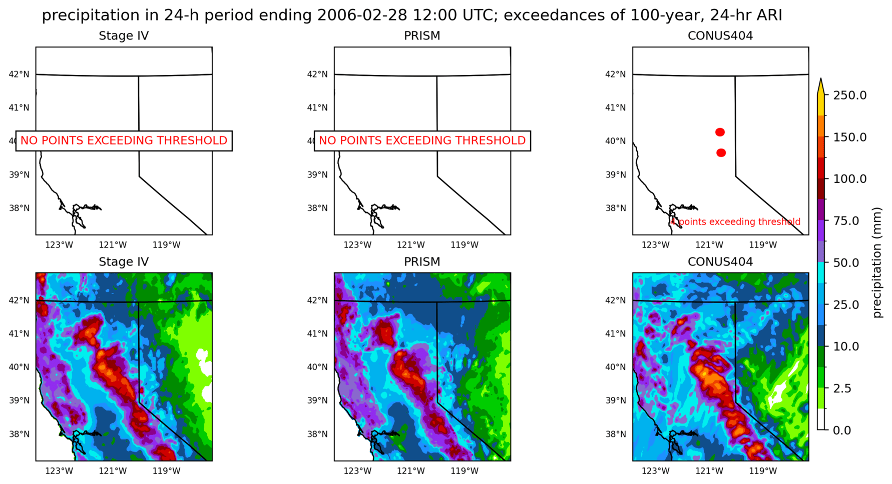 on the left is a map showing locations where rainfall exceeding an average recurrence interval threshold occurred, and on the right is the corresponding precipitation analysis for that time period