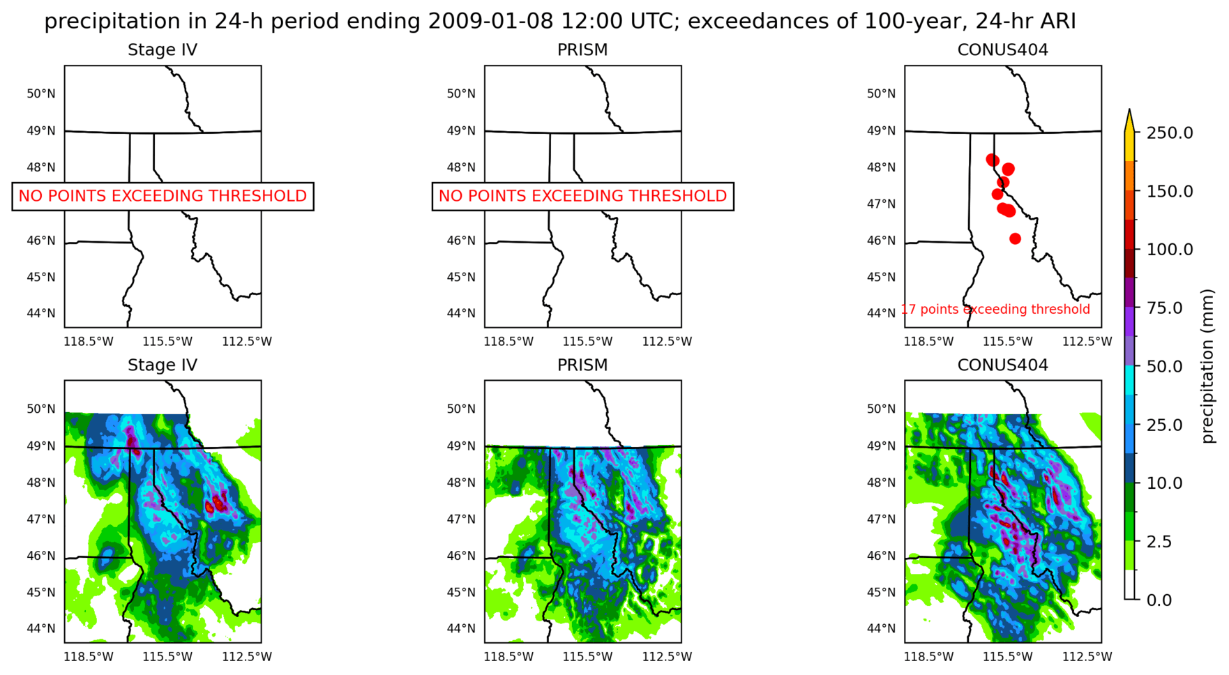 on the left is a map showing locations where rainfall exceeding an average recurrence interval threshold occurred, and on the right is the corresponding precipitation analysis for that time period