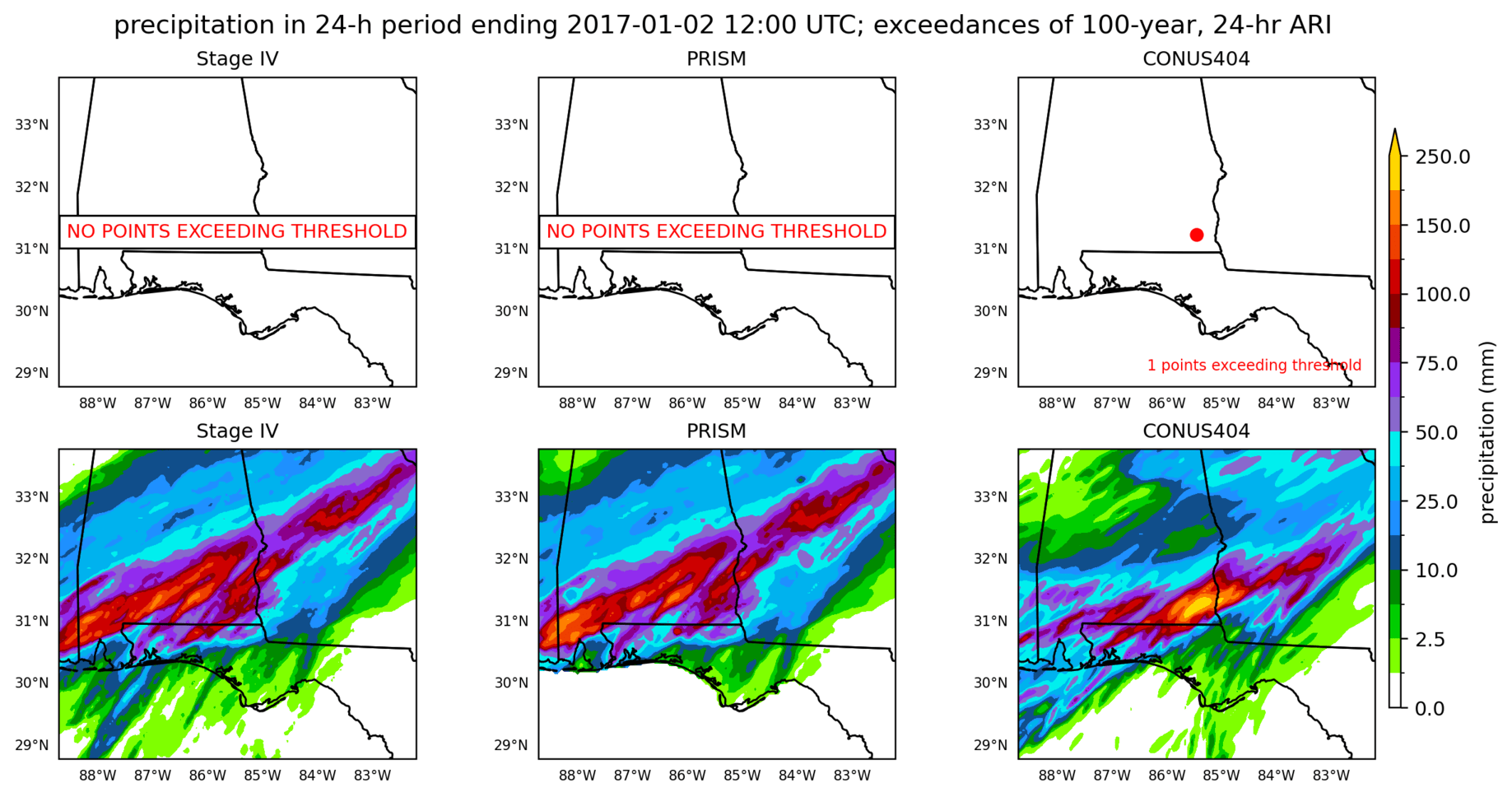 on the left is a map showing locations where rainfall exceeding an average recurrence interval threshold occurred, and on the right is the corresponding precipitation analysis for that time period