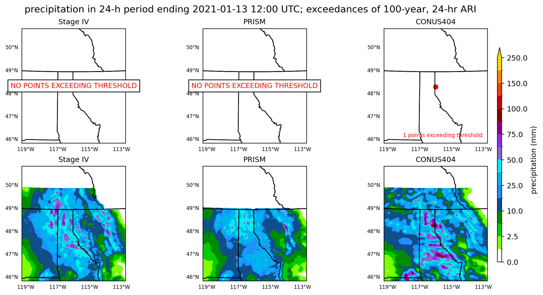 on the left is a map showing locations where rainfall exceeding an average recurrence interval threshold occurred, and on the right is the corresponding precipitation analysis for that time period