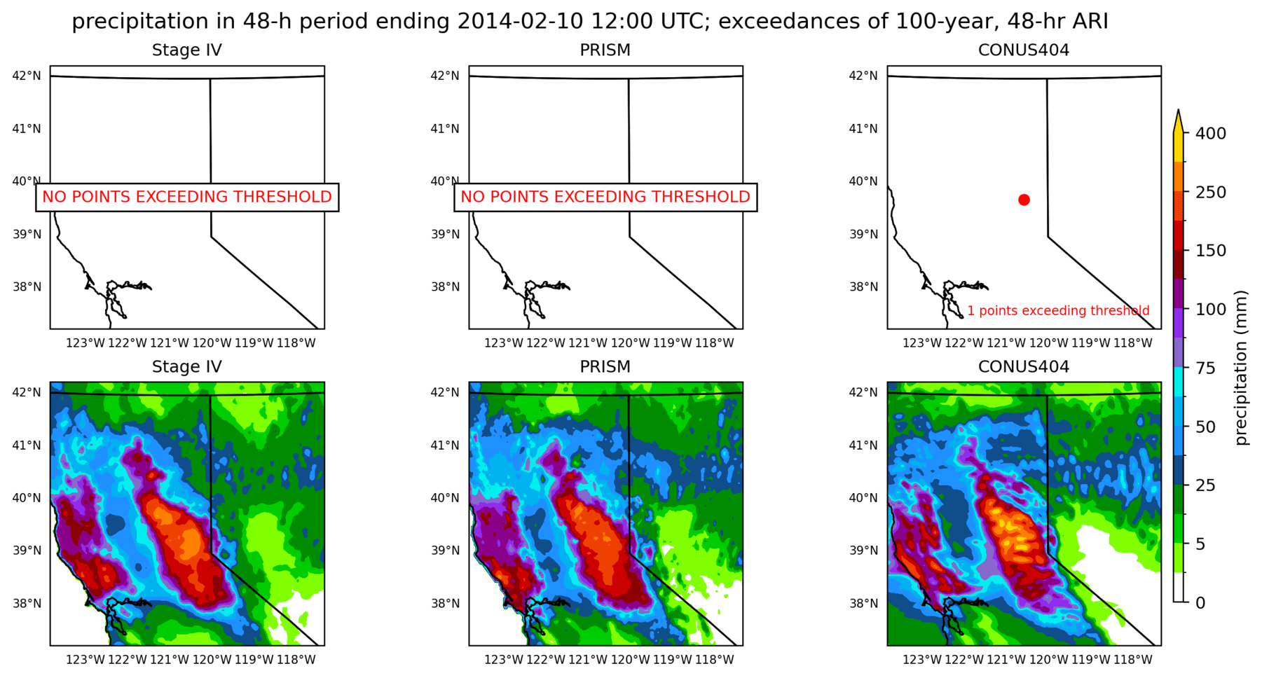 on the left is a map showing locations where rainfall exceeding an average recurrence interval threshold occurred, and on the right is the corresponding precipitation analysis for that time period