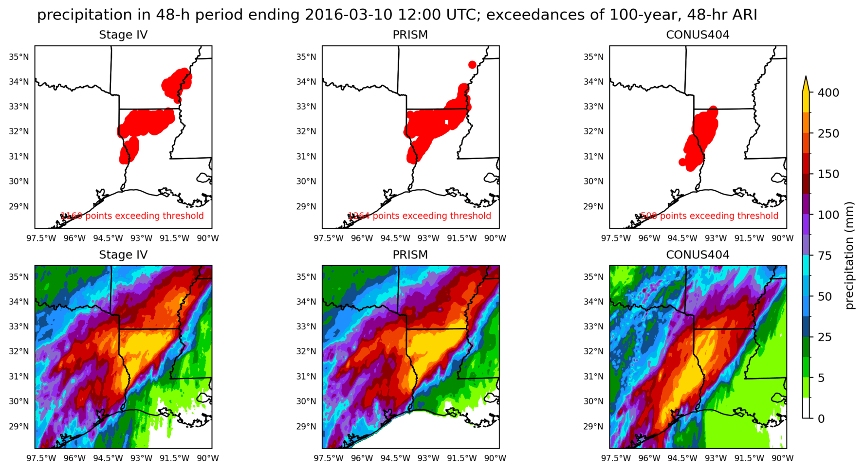 on the left is a map showing locations where rainfall exceeding an average recurrence interval threshold occurred, and on the right is the corresponding precipitation analysis for that time period