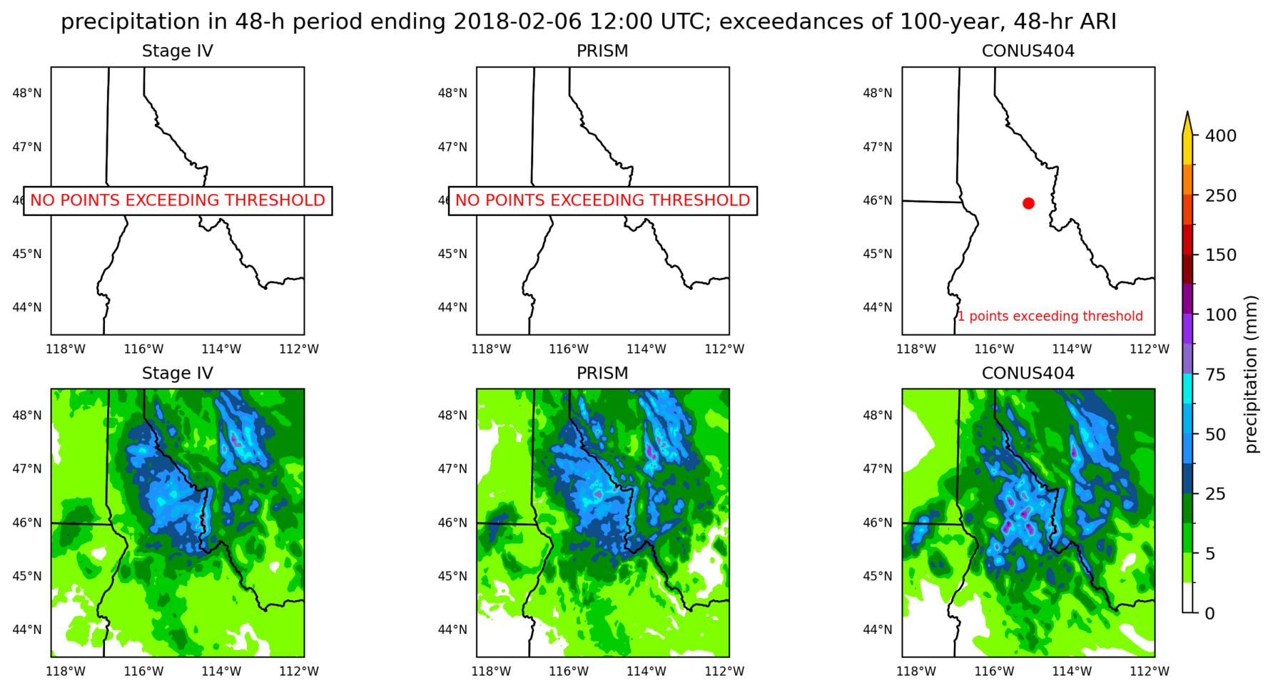 on the left is a map showing locations where rainfall exceeding an average recurrence interval threshold occurred, and on the right is the corresponding precipitation analysis for that time period