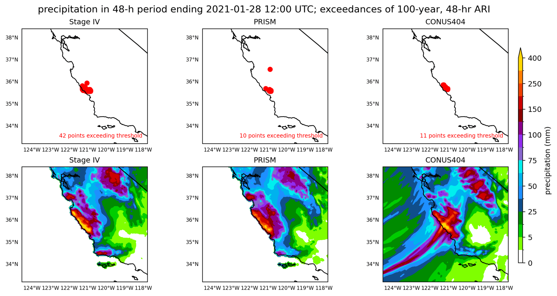 on the left is a map showing locations where rainfall exceeding an average recurrence interval threshold occurred, and on the right is the corresponding precipitation analysis for that time period
