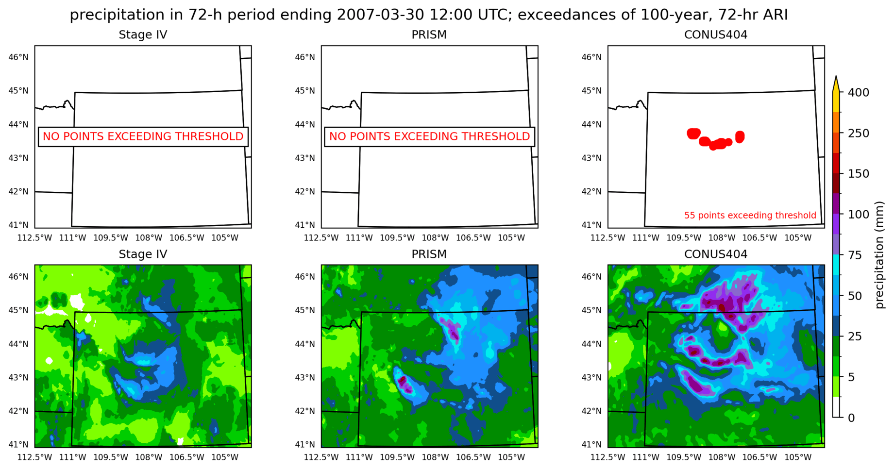 on the left is a map showing locations where rainfall exceeding an average recurrence interval threshold occurred, and on the right is the corresponding precipitation analysis for that time period