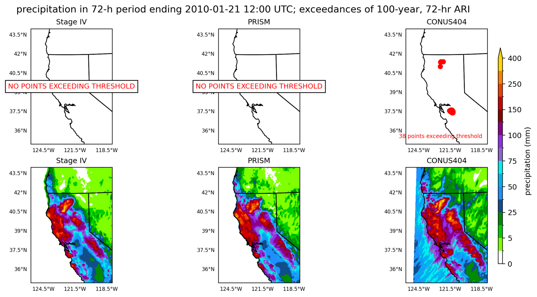 on the left is a map showing locations where rainfall exceeding an average recurrence interval threshold occurred, and on the right is the corresponding precipitation analysis for that time period