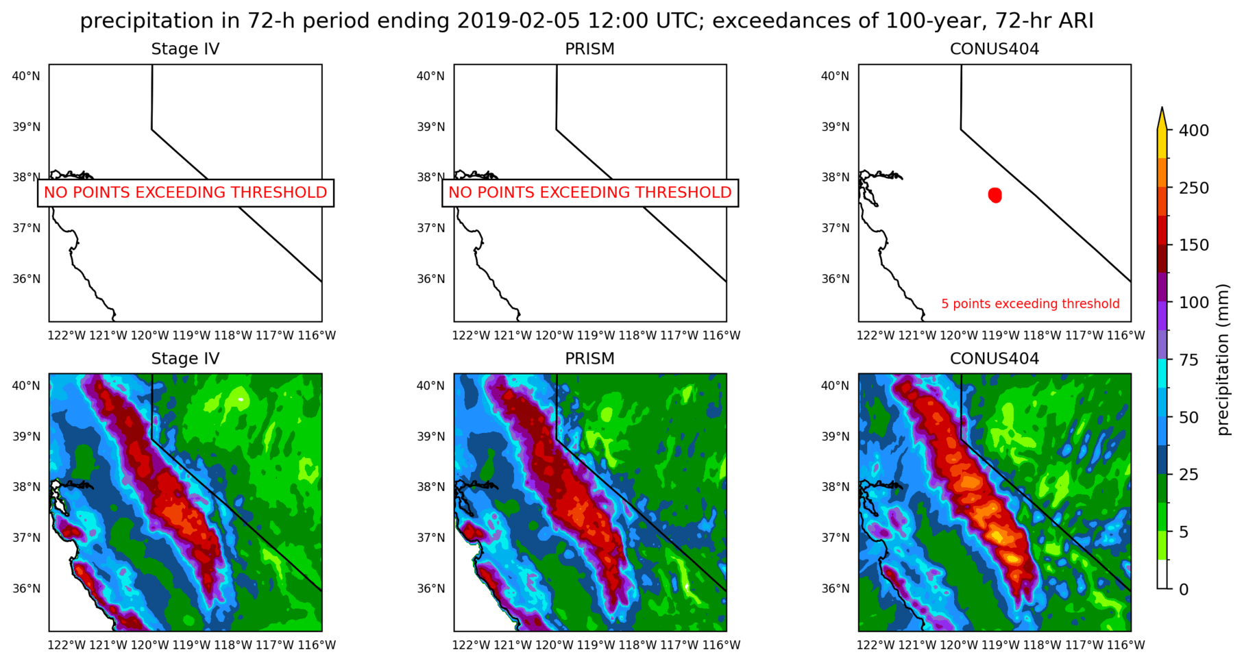 on the left is a map showing locations where rainfall exceeding an average recurrence interval threshold occurred, and on the right is the corresponding precipitation analysis for that time period