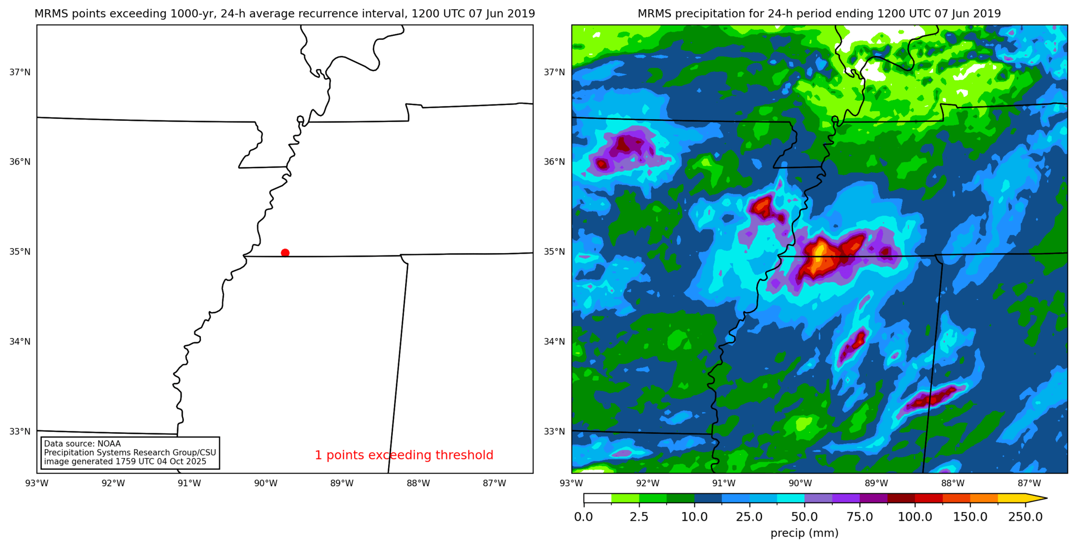 on the left is a map showing locations where rainfall exceeding an average recurrence interval threshold occurred, and on the right is the corresponding precipitation analysis for that time period