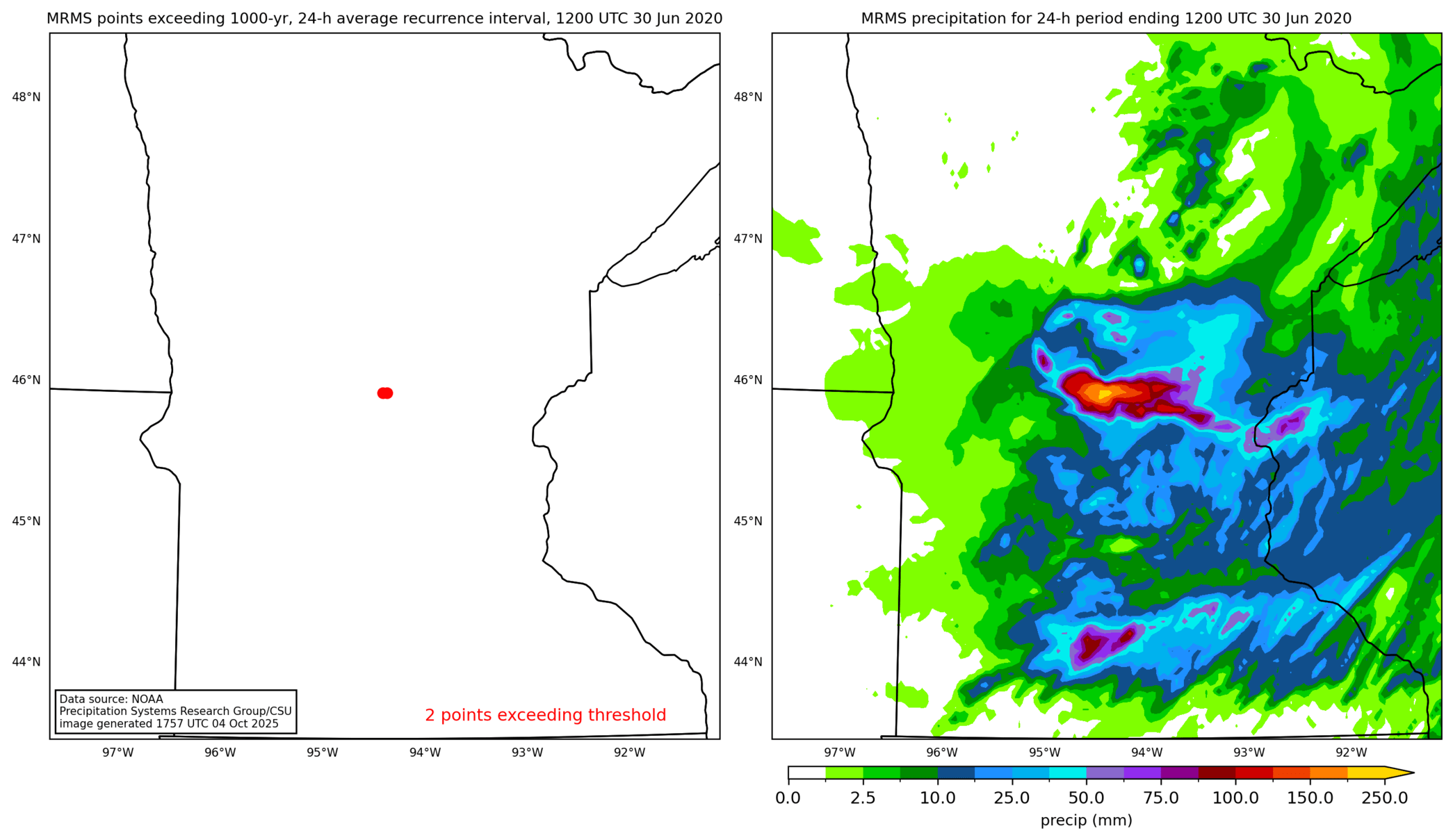 on the left is a map showing locations where rainfall exceeding an average recurrence interval threshold occurred, and on the right is the corresponding precipitation analysis for that time period