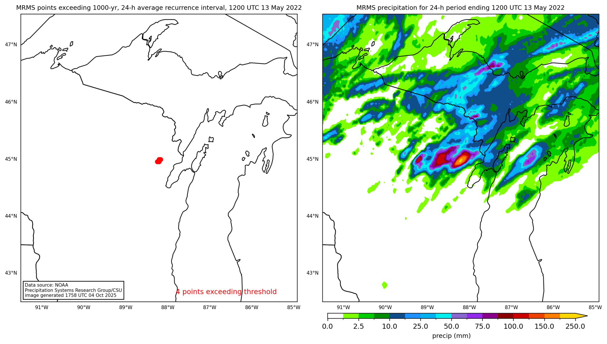 on the left is a map showing locations where rainfall exceeding an average recurrence interval threshold occurred, and on the right is the corresponding precipitation analysis for that time period