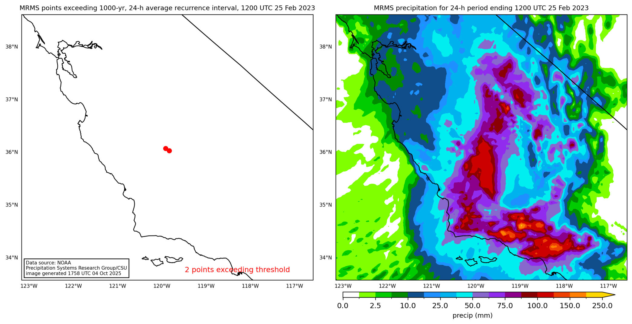 on the left is a map showing locations where rainfall exceeding an average recurrence interval threshold occurred, and on the right is the corresponding precipitation analysis for that time period