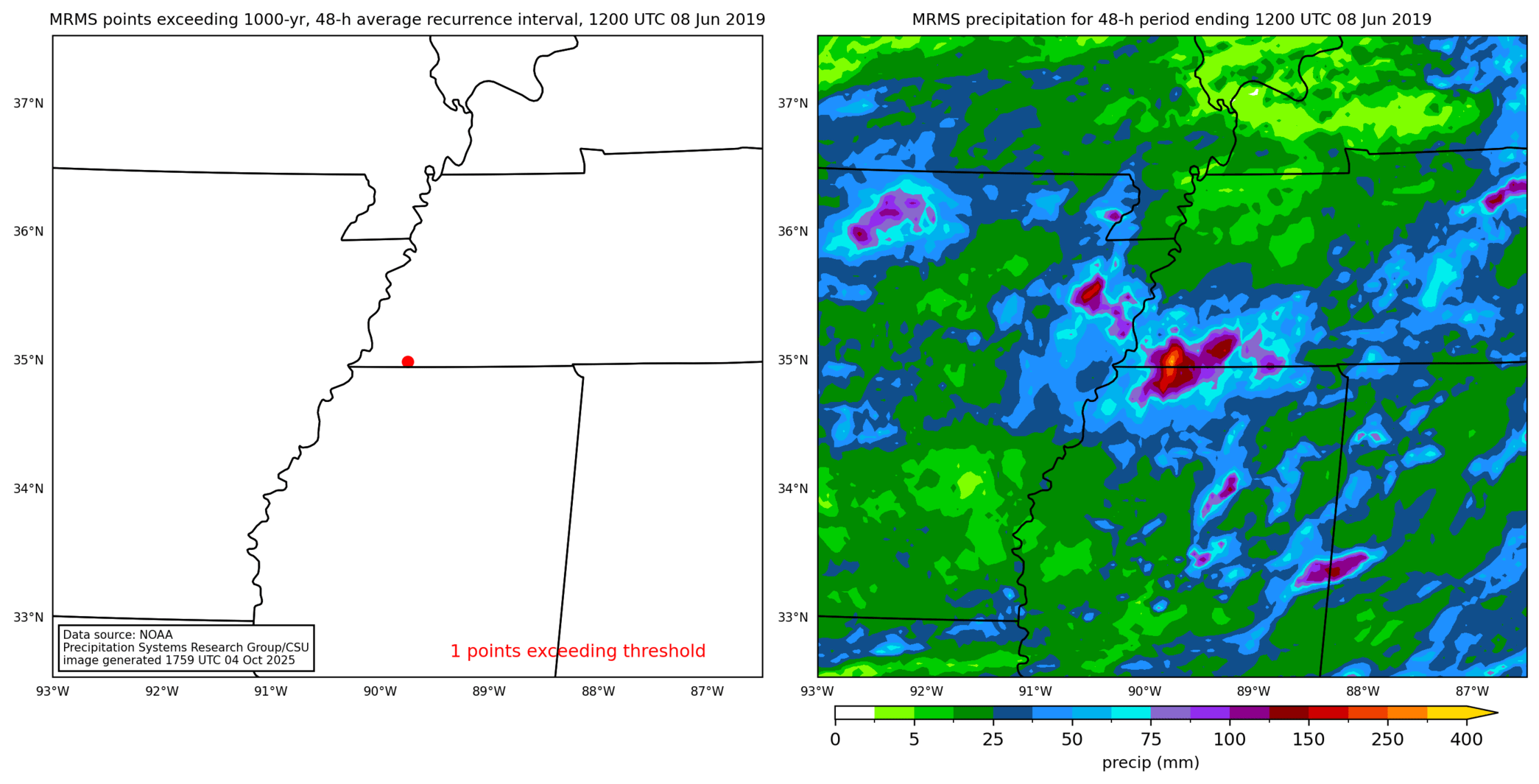 on the left is a map showing locations where rainfall exceeding an average recurrence interval threshold occurred, and on the right is the corresponding precipitation analysis for that time period