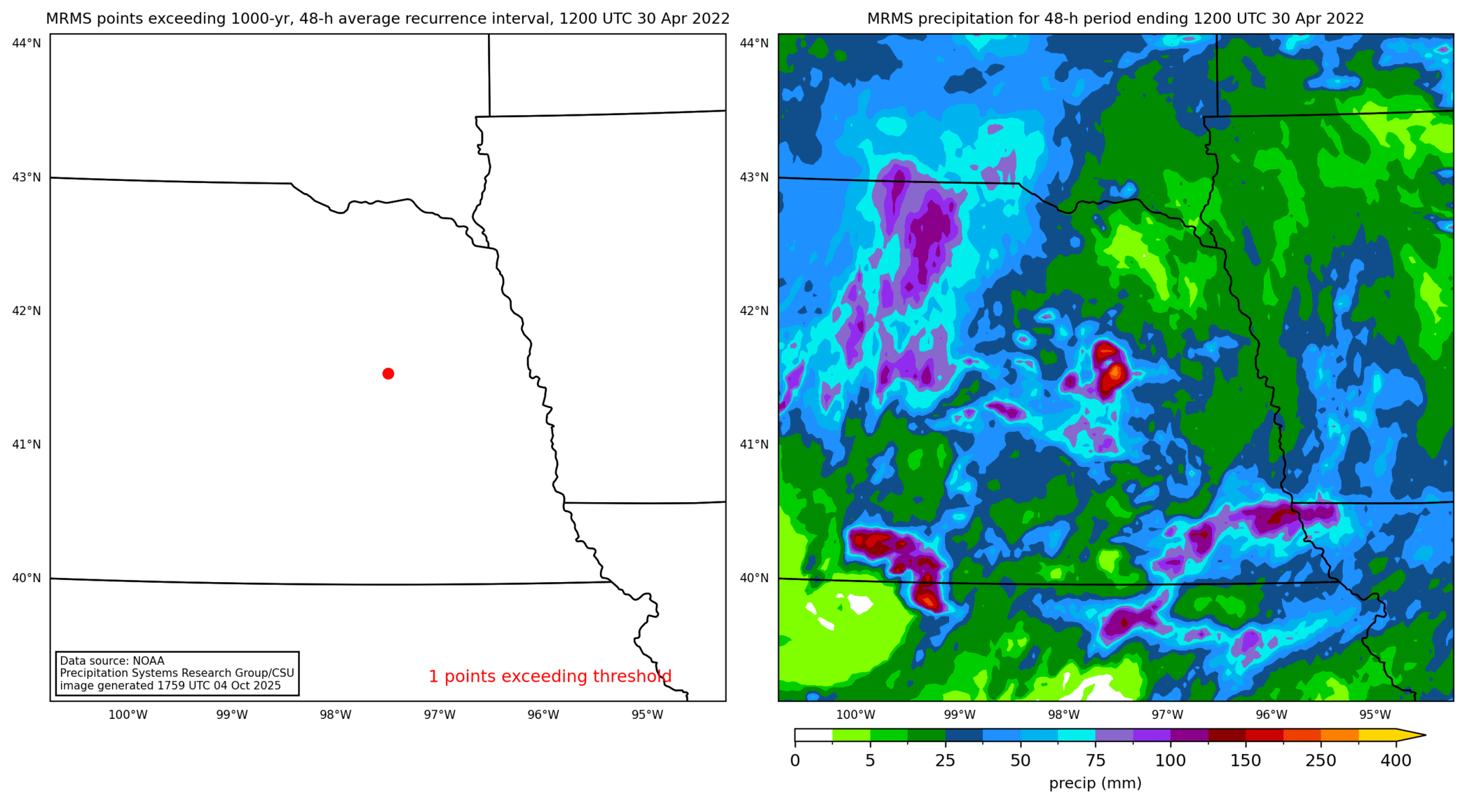 on the left is a map showing locations where rainfall exceeding an average recurrence interval threshold occurred, and on the right is the corresponding precipitation analysis for that time period