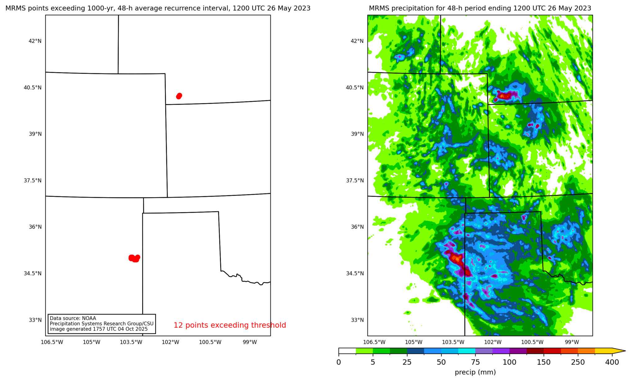on the left is a map showing locations where rainfall exceeding an average recurrence interval threshold occurred, and on the right is the corresponding precipitation analysis for that time period