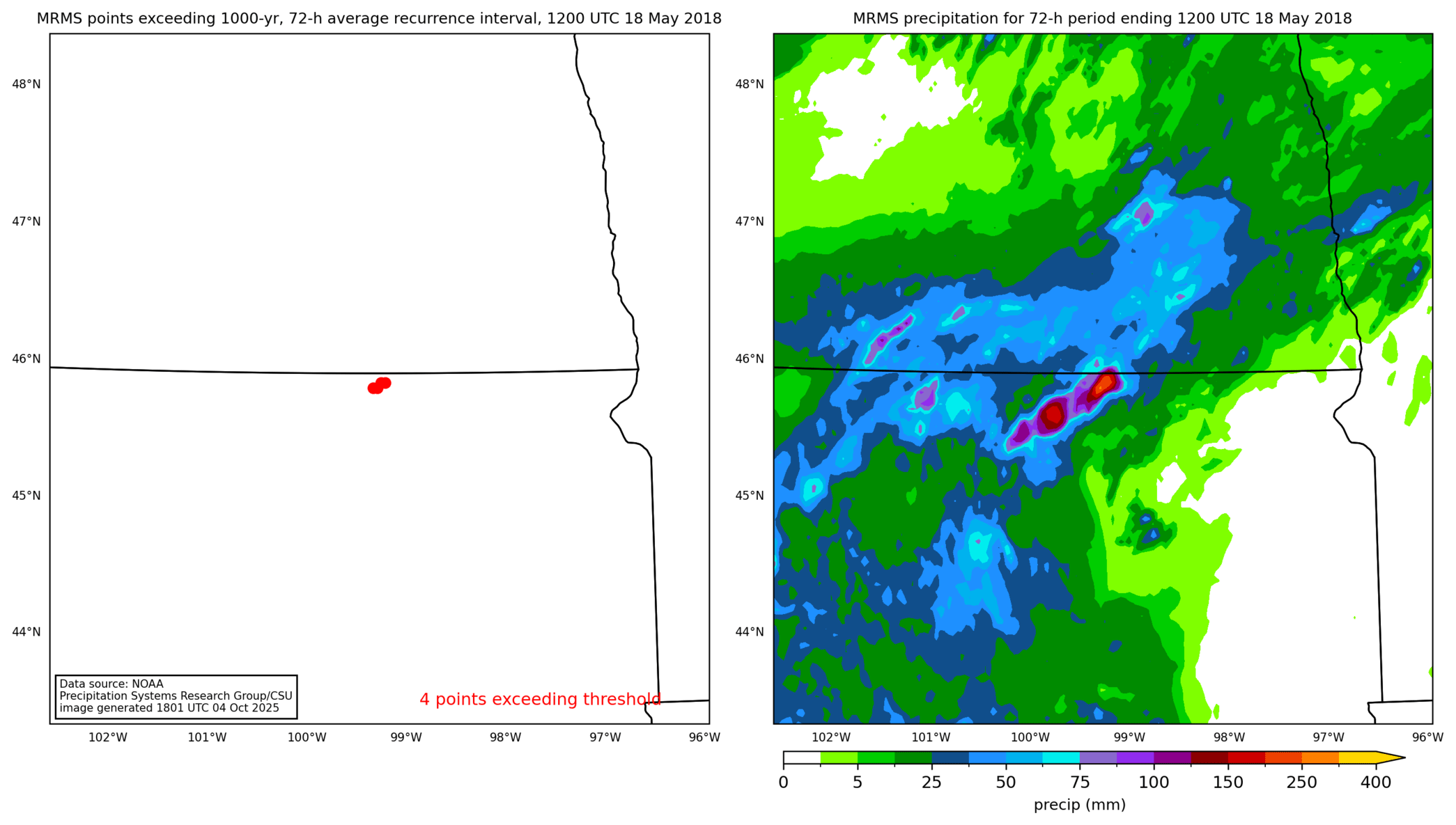 on the left is a map showing locations where rainfall exceeding an average recurrence interval threshold occurred, and on the right is the corresponding precipitation analysis for that time period
