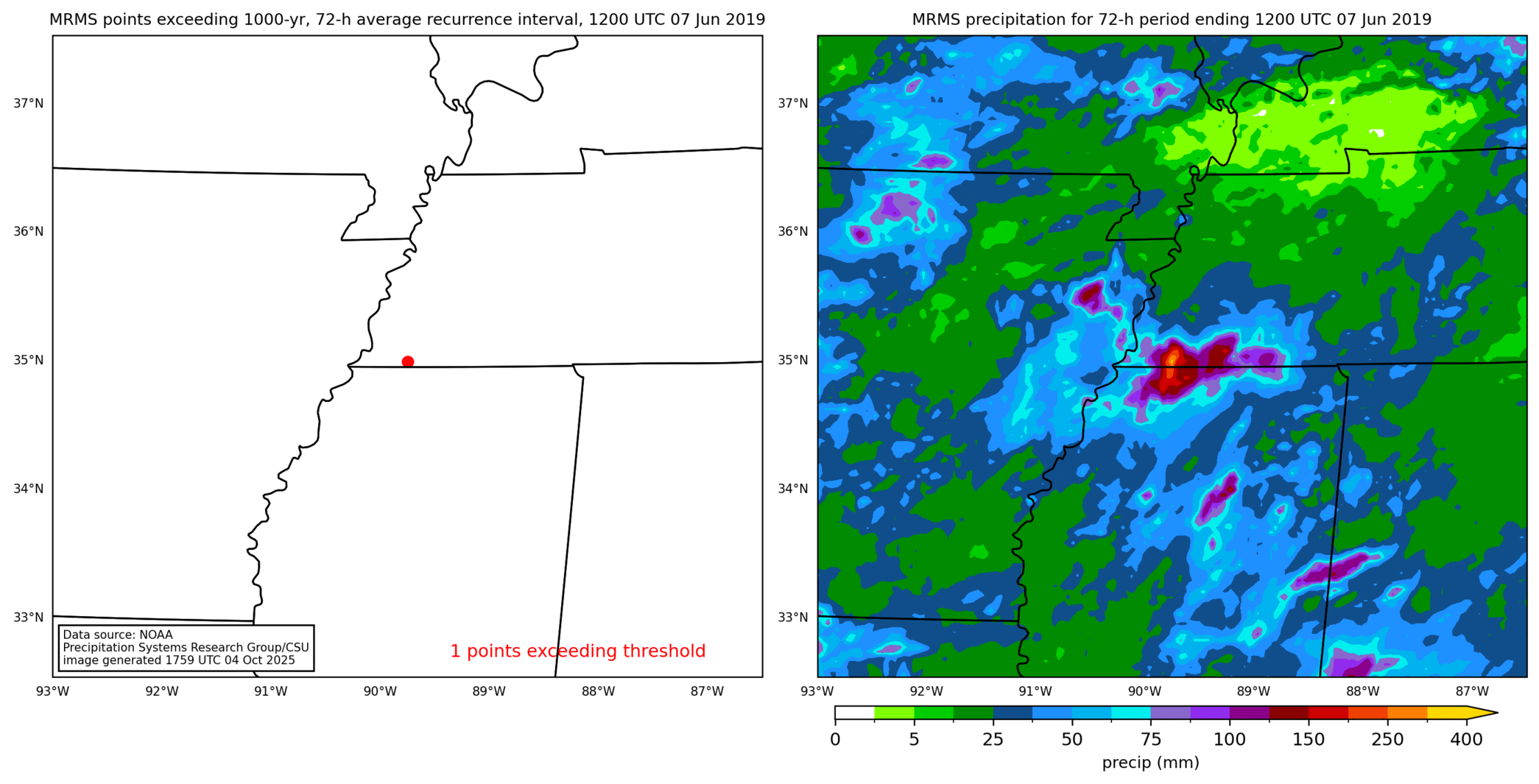 on the left is a map showing locations where rainfall exceeding an average recurrence interval threshold occurred, and on the right is the corresponding precipitation analysis for that time period