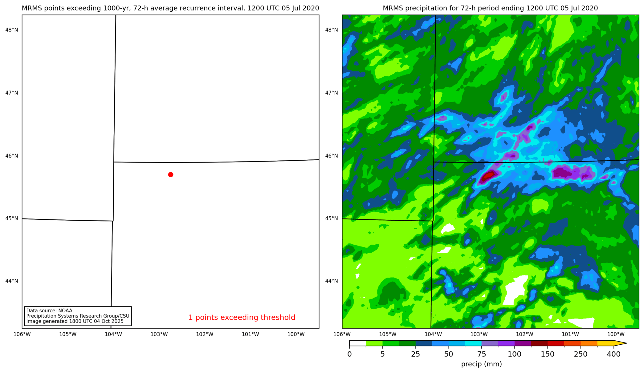 on the left is a map showing locations where rainfall exceeding an average recurrence interval threshold occurred, and on the right is the corresponding precipitation analysis for that time period