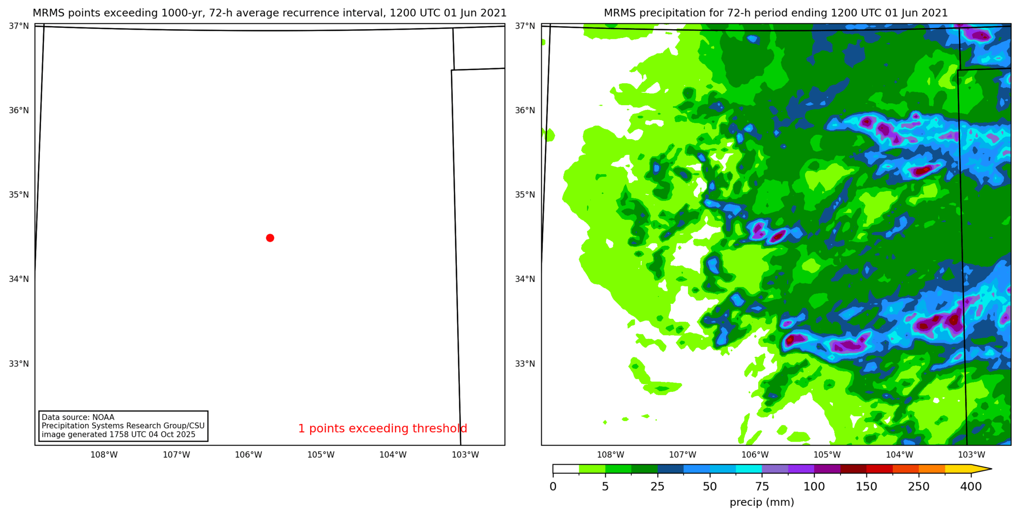 on the left is a map showing locations where rainfall exceeding an average recurrence interval threshold occurred, and on the right is the corresponding precipitation analysis for that time period