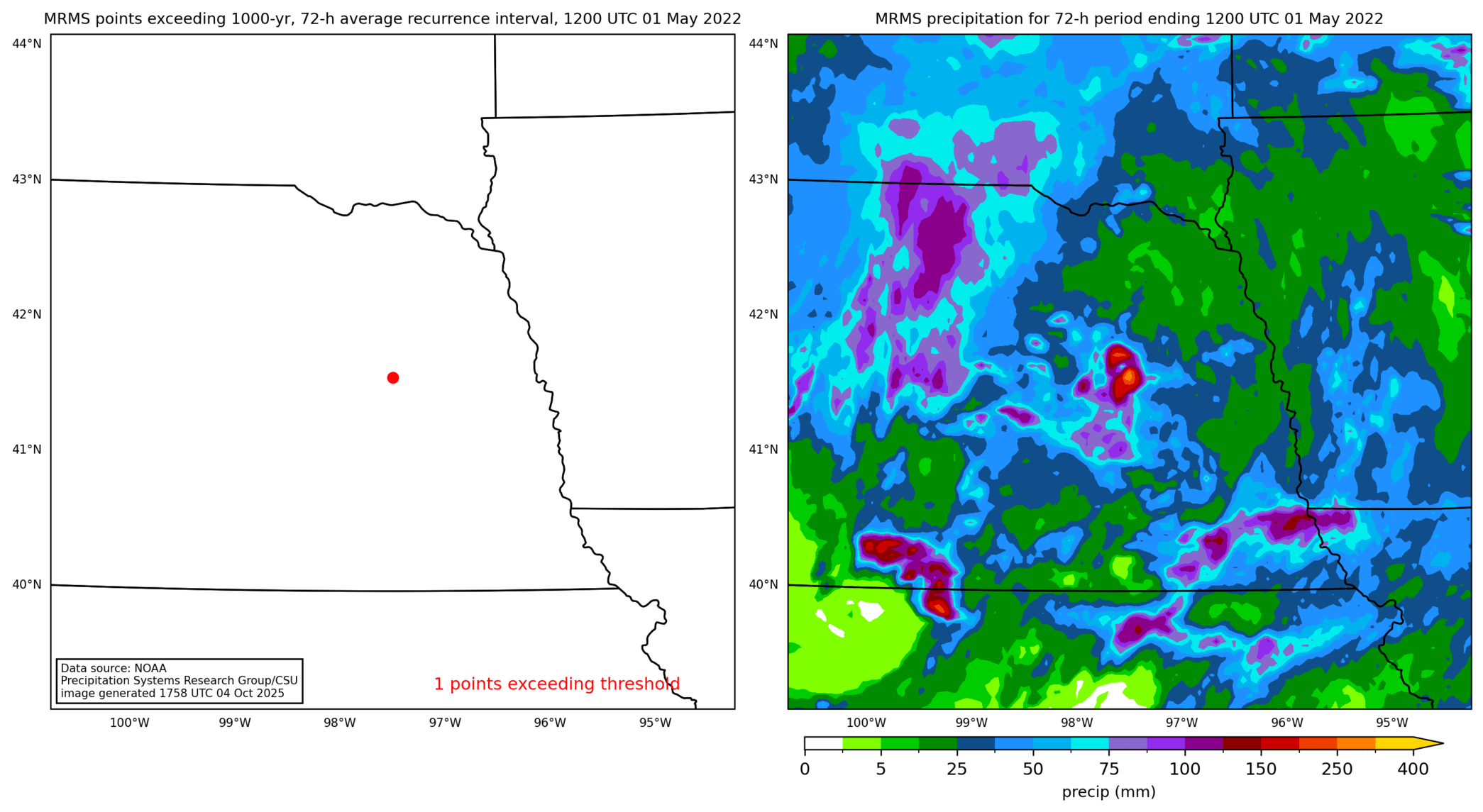 on the left is a map showing locations where rainfall exceeding an average recurrence interval threshold occurred, and on the right is the corresponding precipitation analysis for that time period