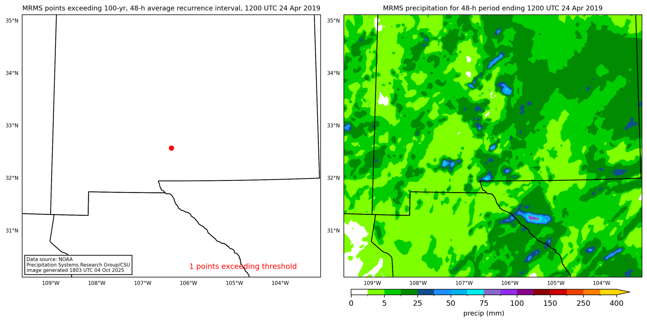 on the left is a map showing locations where rainfall exceeding an average recurrence interval threshold occurred, and on the right is the corresponding precipitation analysis for that time period