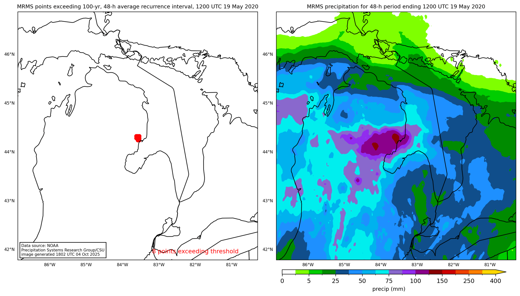 on the left is a map showing locations where rainfall exceeding an average recurrence interval threshold occurred, and on the right is the corresponding precipitation analysis for that time period