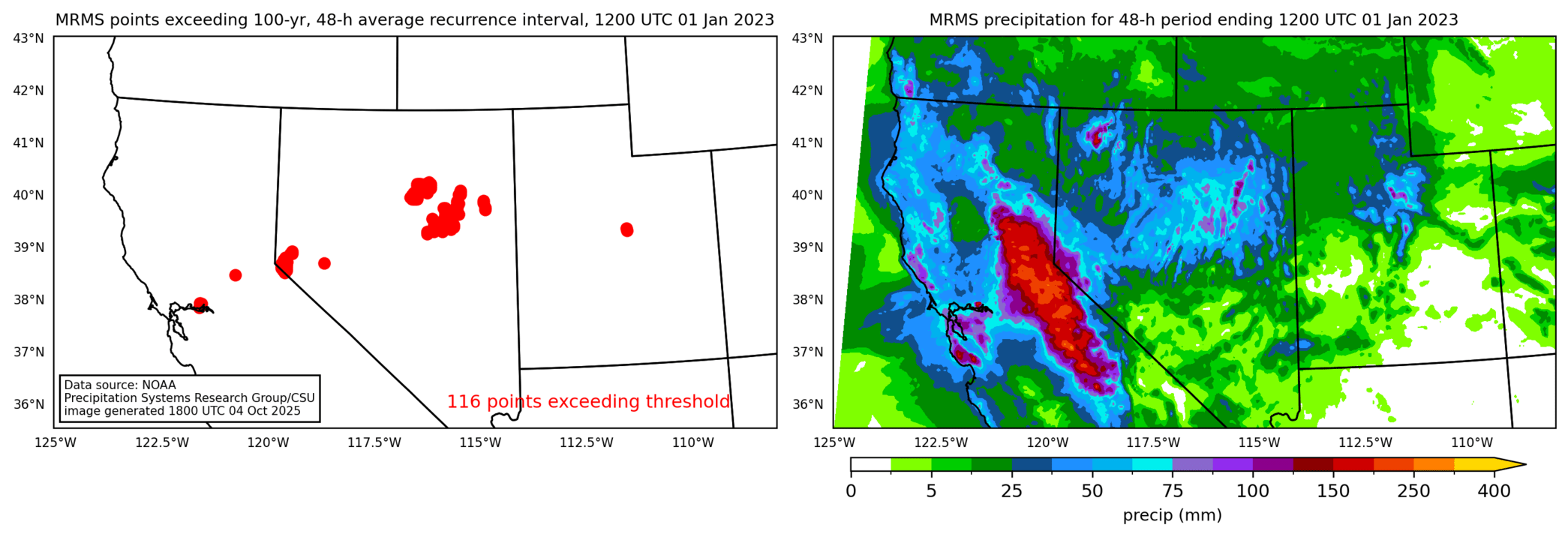on the left is a map showing locations where rainfall exceeding an average recurrence interval threshold occurred, and on the right is the corresponding precipitation analysis for that time period