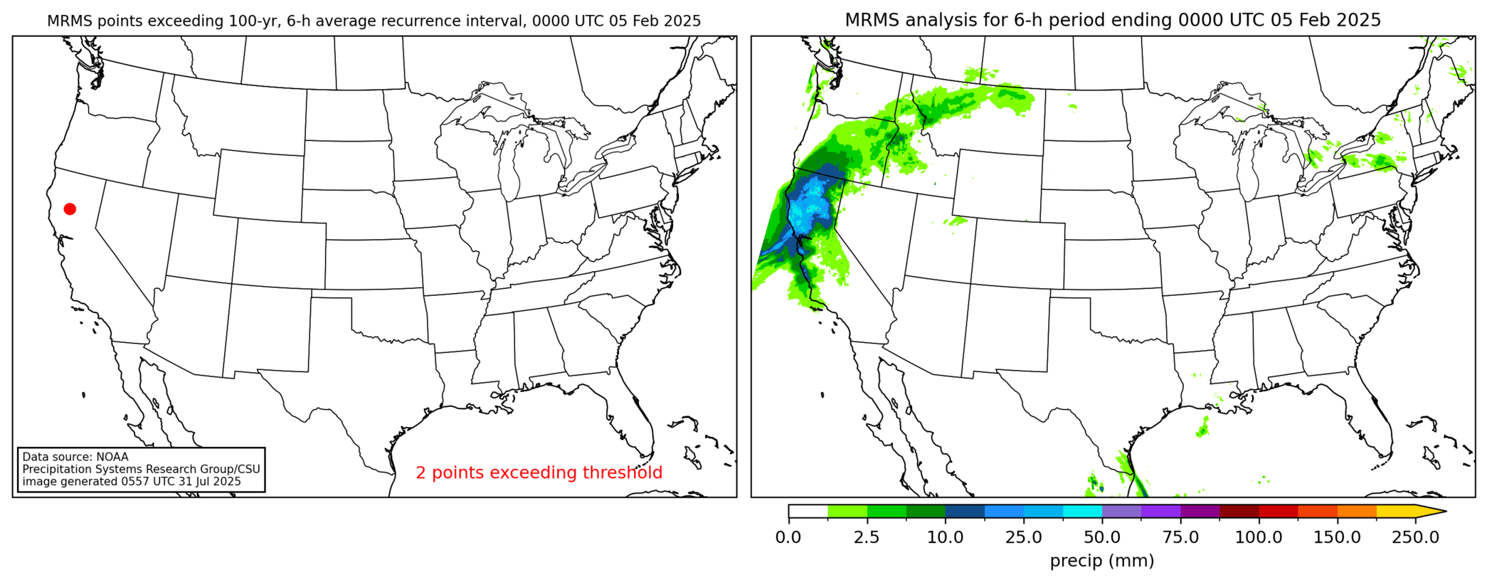 on the left is a map showing locations where rainfall exceeding an average recurrence interval threshold occurred, and on the right is the corresponding precipitation analysis for that time period