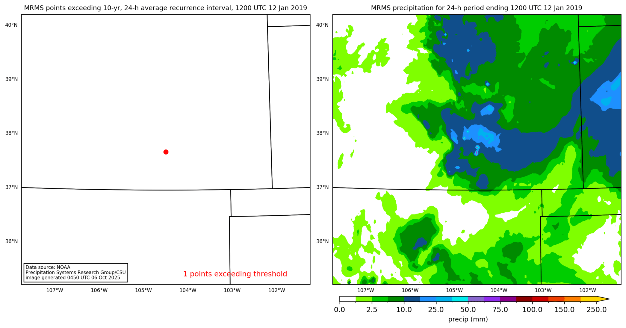 on the left is a map showing locations where rainfall exceeding an average recurrence interval threshold occurred, and on the right is the corresponding precipitation analysis for that time period
