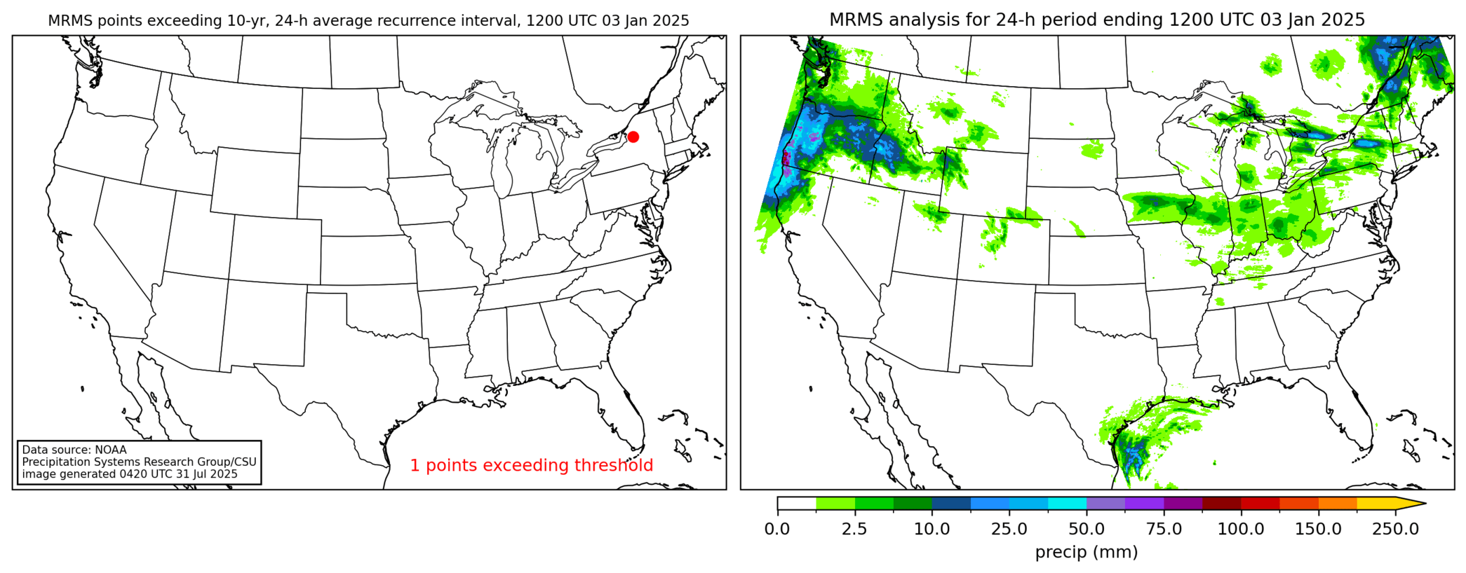 on the left is a map showing locations where rainfall exceeding an average recurrence interval threshold occurred, and on the right is the corresponding precipitation analysis for that time period