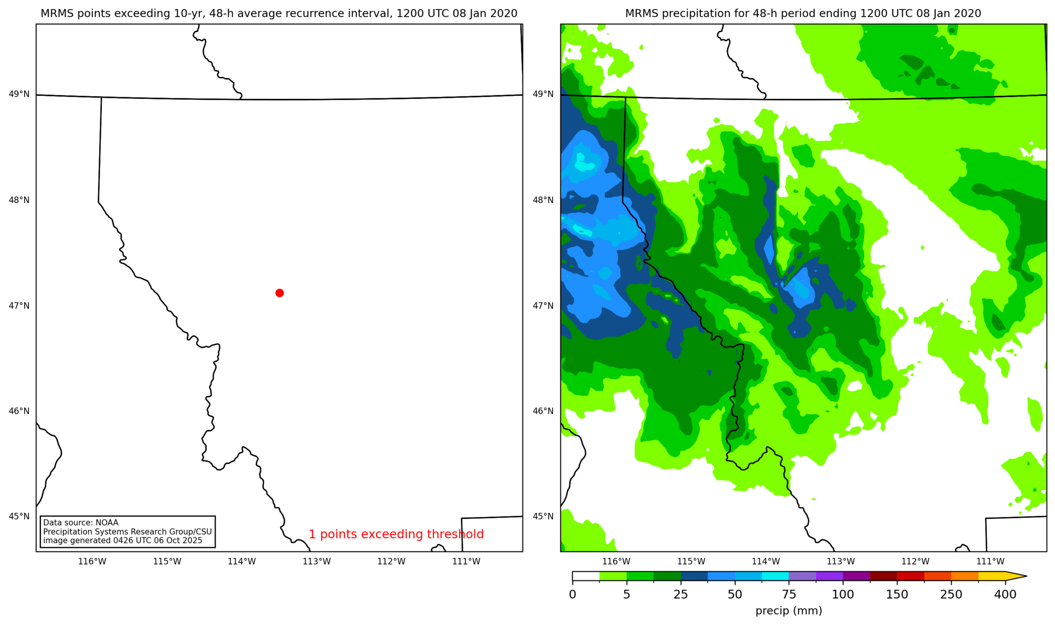 on the left is a map showing locations where rainfall exceeding an average recurrence interval threshold occurred, and on the right is the corresponding precipitation analysis for that time period