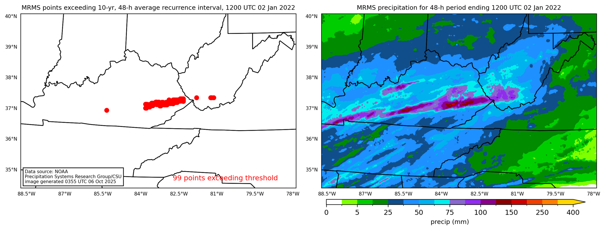 on the left is a map showing locations where rainfall exceeding an average recurrence interval threshold occurred, and on the right is the corresponding precipitation analysis for that time period