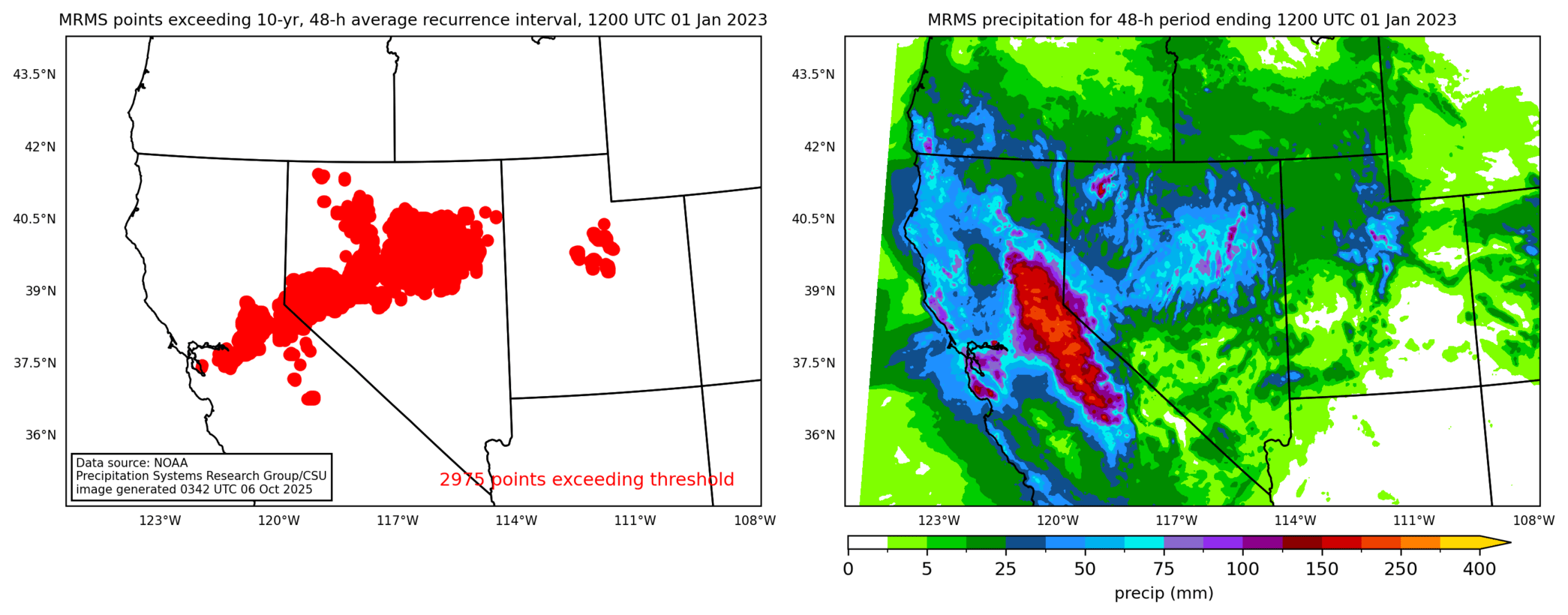 on the left is a map showing locations where rainfall exceeding an average recurrence interval threshold occurred, and on the right is the corresponding precipitation analysis for that time period
