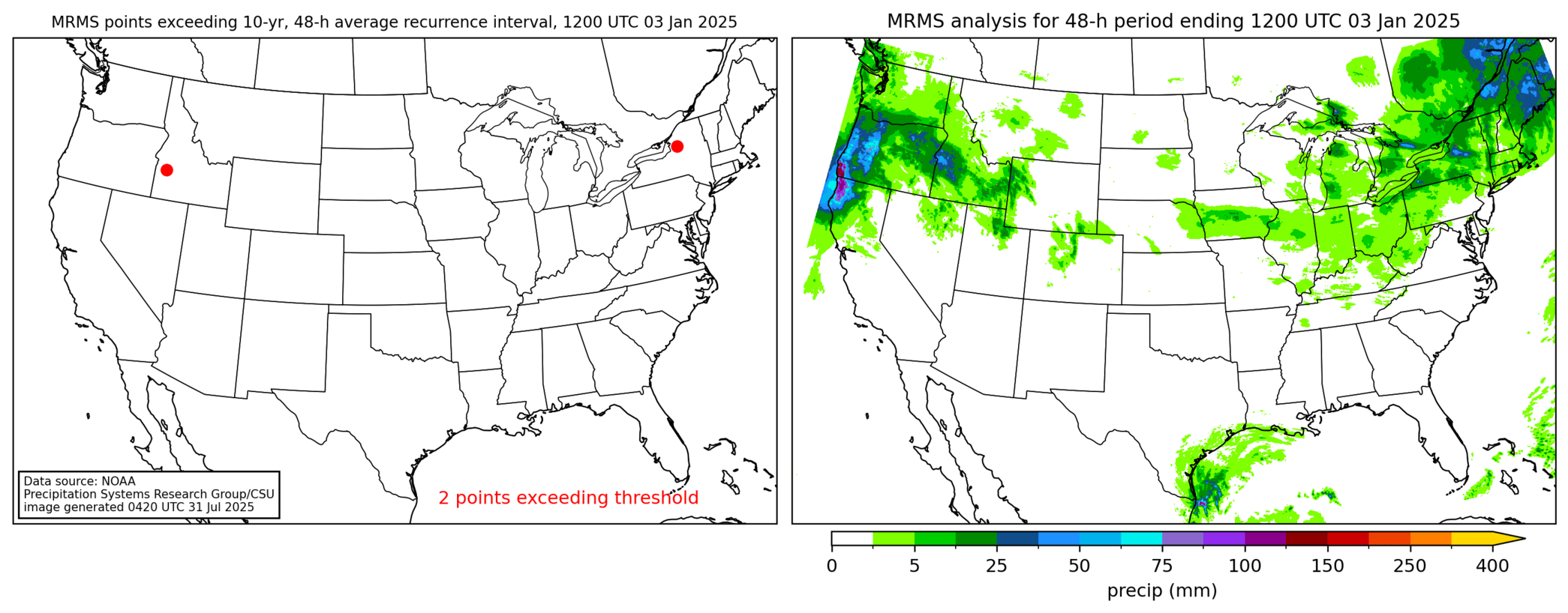 on the left is a map showing locations where rainfall exceeding an average recurrence interval threshold occurred, and on the right is the corresponding precipitation analysis for that time period