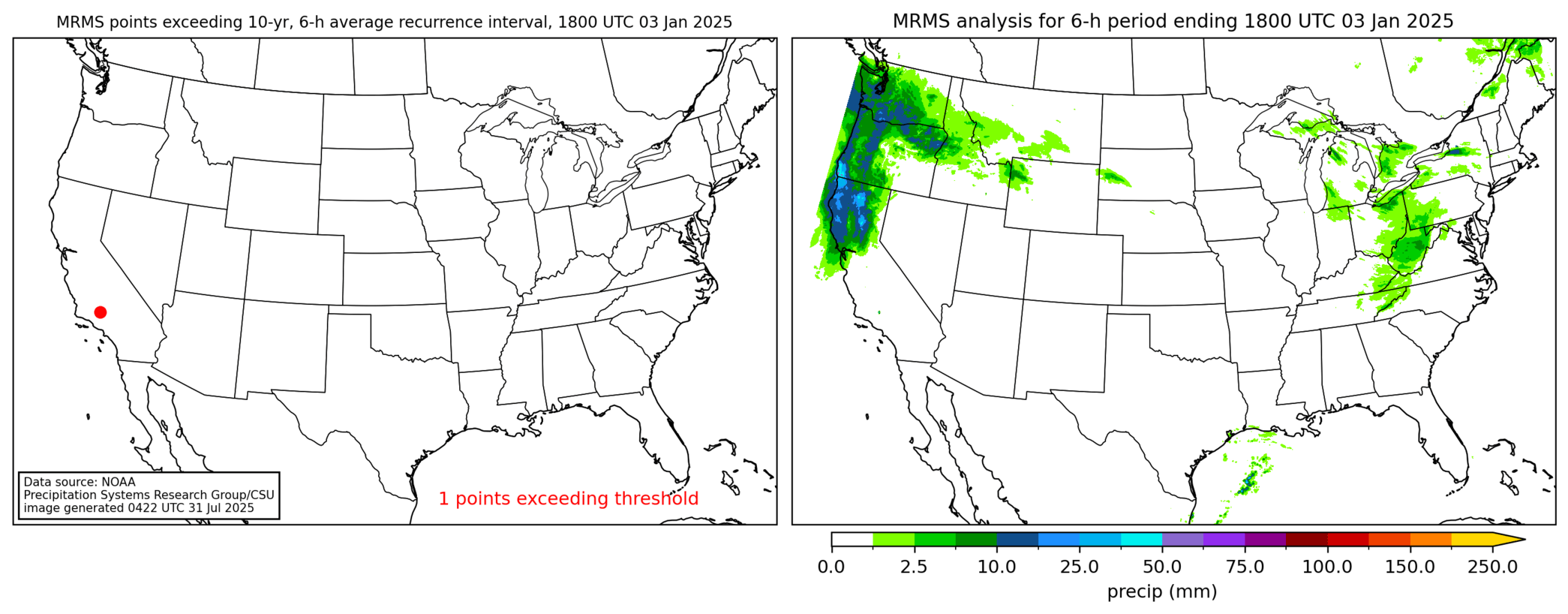 on the left is a map showing locations where rainfall exceeding an average recurrence interval threshold occurred, and on the right is the corresponding precipitation analysis for that time period