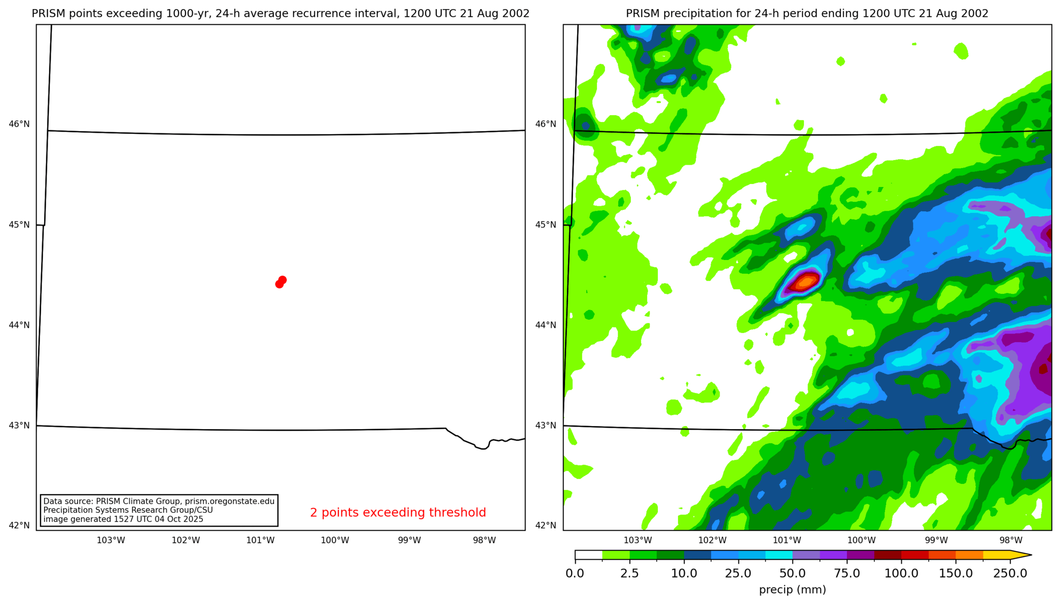on the left is a map showing locations where rainfall exceeding an average recurrence interval threshold occurred, and on the right is the corresponding precipitation analysis for that time period
