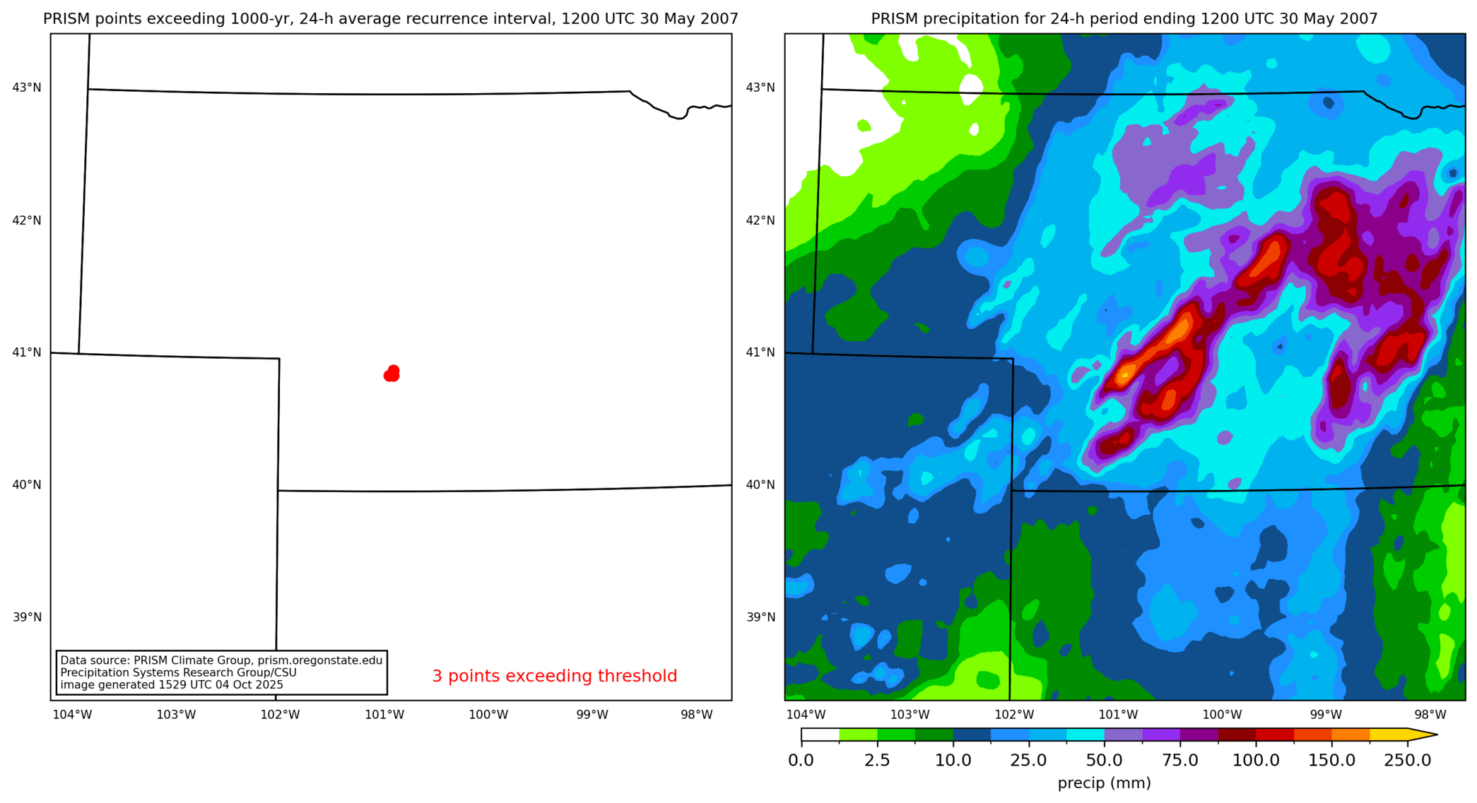 on the left is a map showing locations where rainfall exceeding an average recurrence interval threshold occurred, and on the right is the corresponding precipitation analysis for that time period