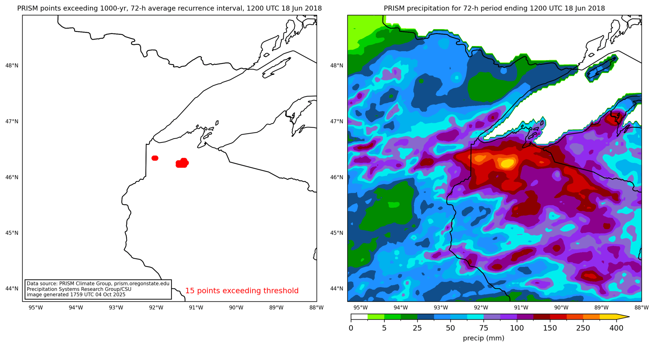 on the left is a map showing locations where rainfall exceeding an average recurrence interval threshold occurred, and on the right is the corresponding precipitation analysis for that time period