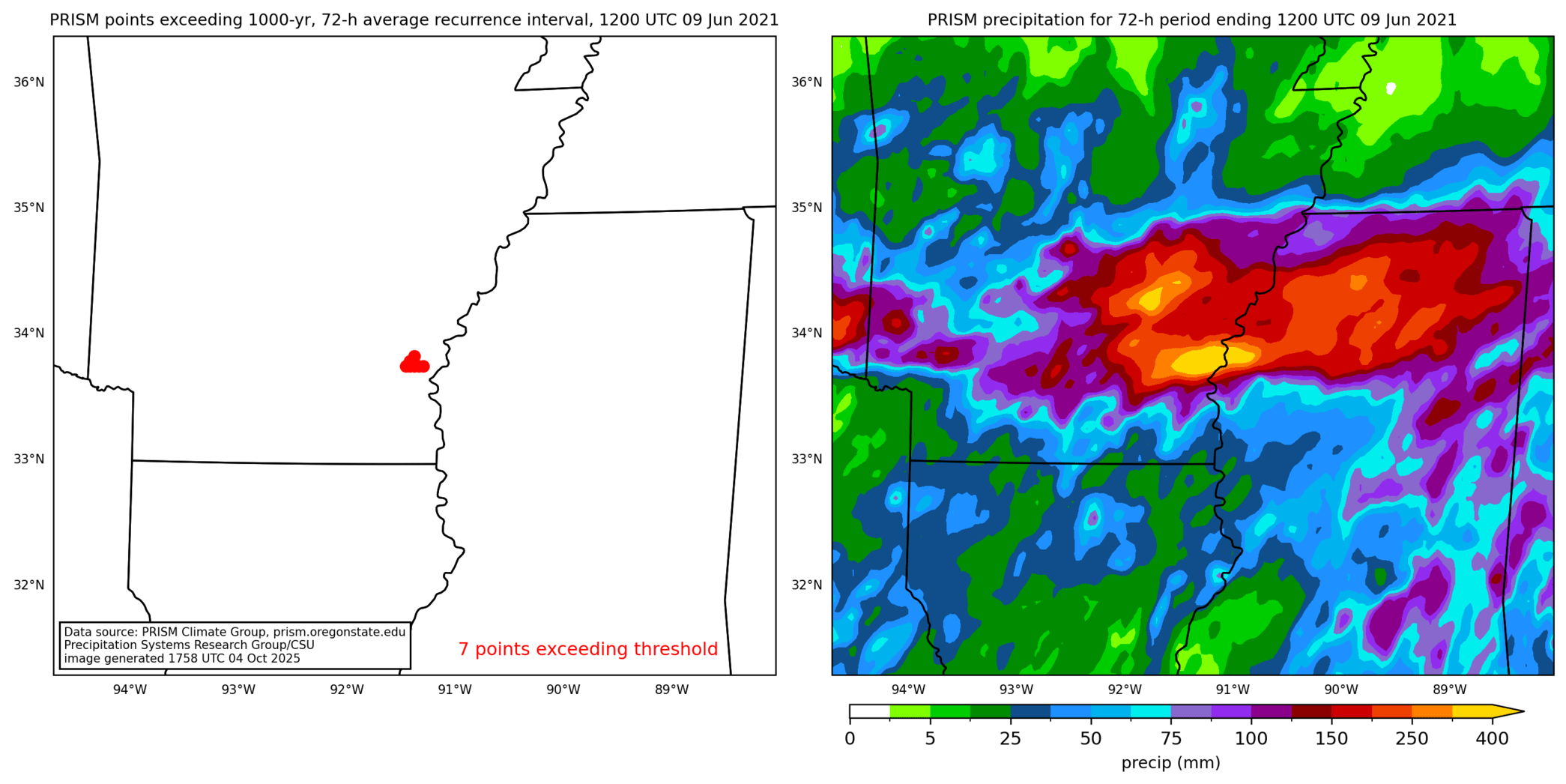 on the left is a map showing locations where rainfall exceeding an average recurrence interval threshold occurred, and on the right is the corresponding precipitation analysis for that time period