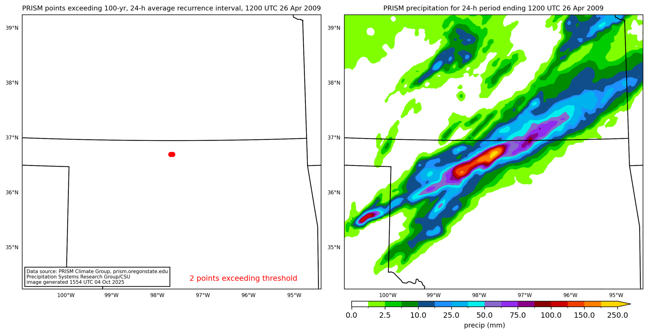 on the left is a map showing locations where rainfall exceeding an average recurrence interval threshold occurred, and on the right is the corresponding precipitation analysis for that time period