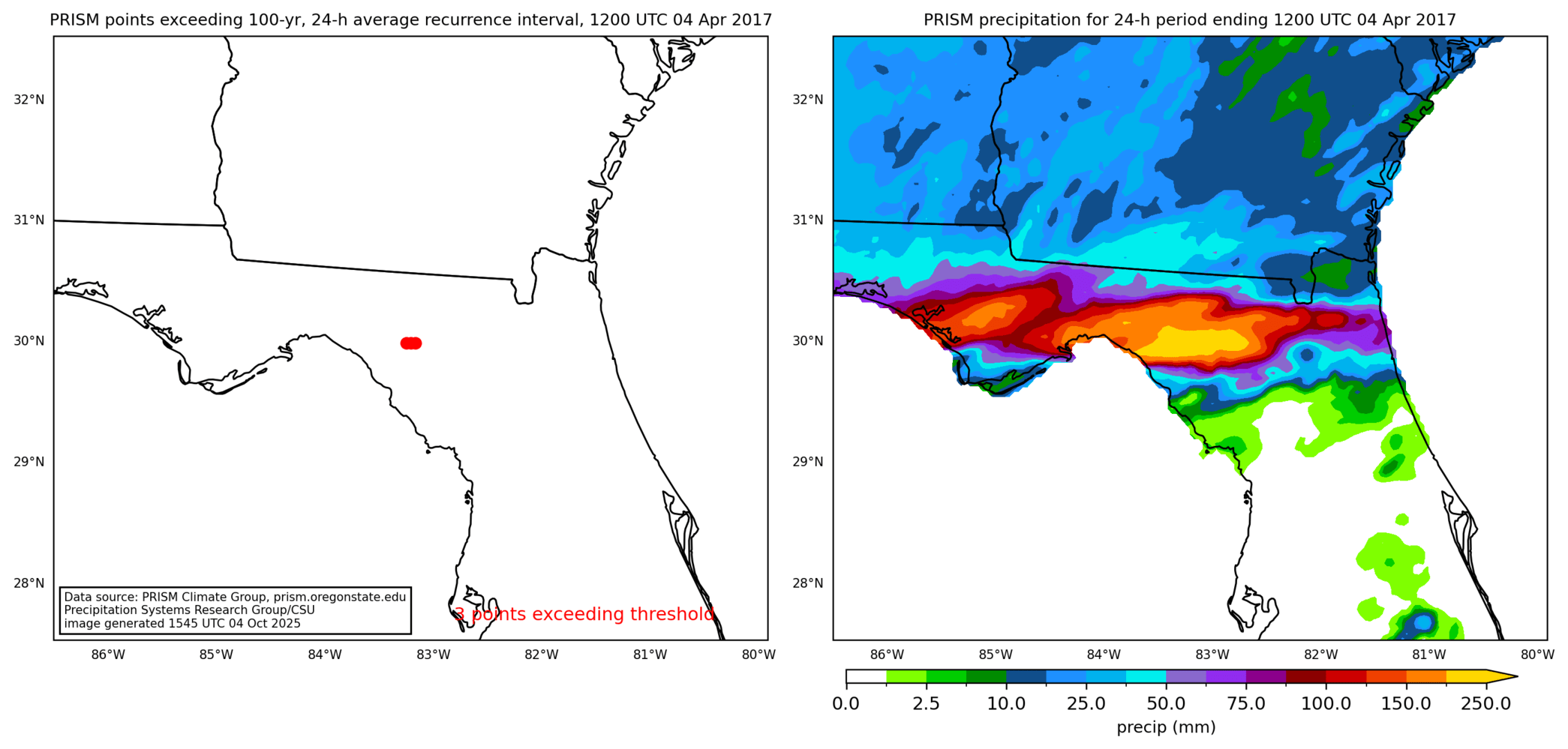 on the left is a map showing locations where rainfall exceeding an average recurrence interval threshold occurred, and on the right is the corresponding precipitation analysis for that time period