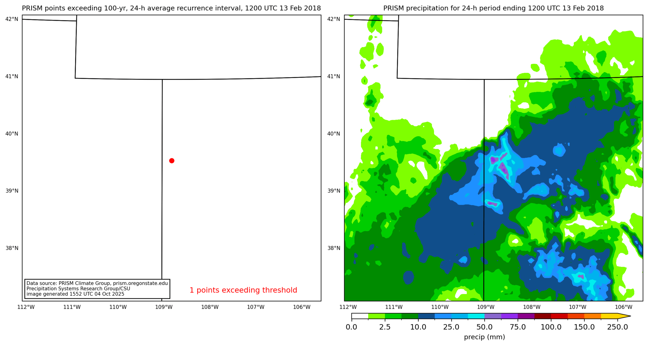 on the left is a map showing locations where rainfall exceeding an average recurrence interval threshold occurred, and on the right is the corresponding precipitation analysis for that time period