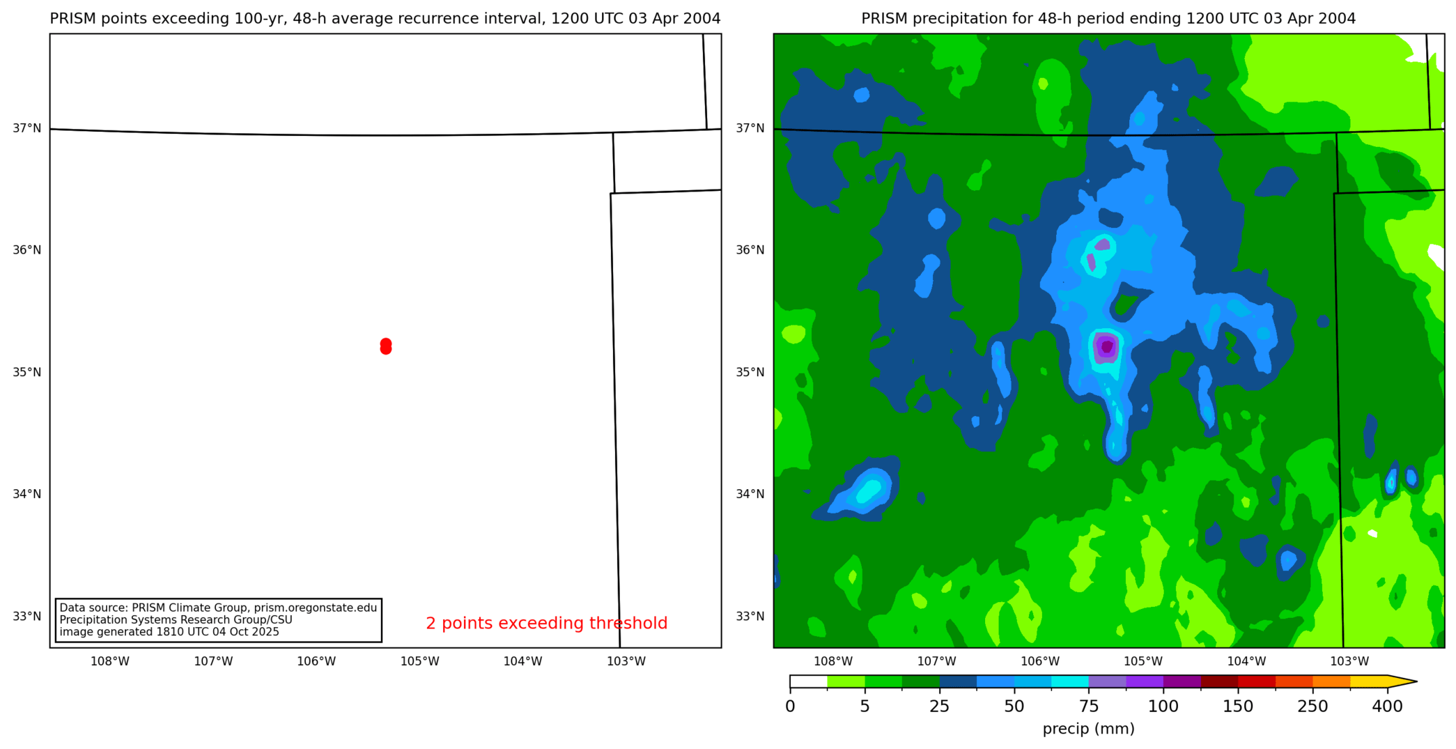 on the left is a map showing locations where rainfall exceeding an average recurrence interval threshold occurred, and on the right is the corresponding precipitation analysis for that time period